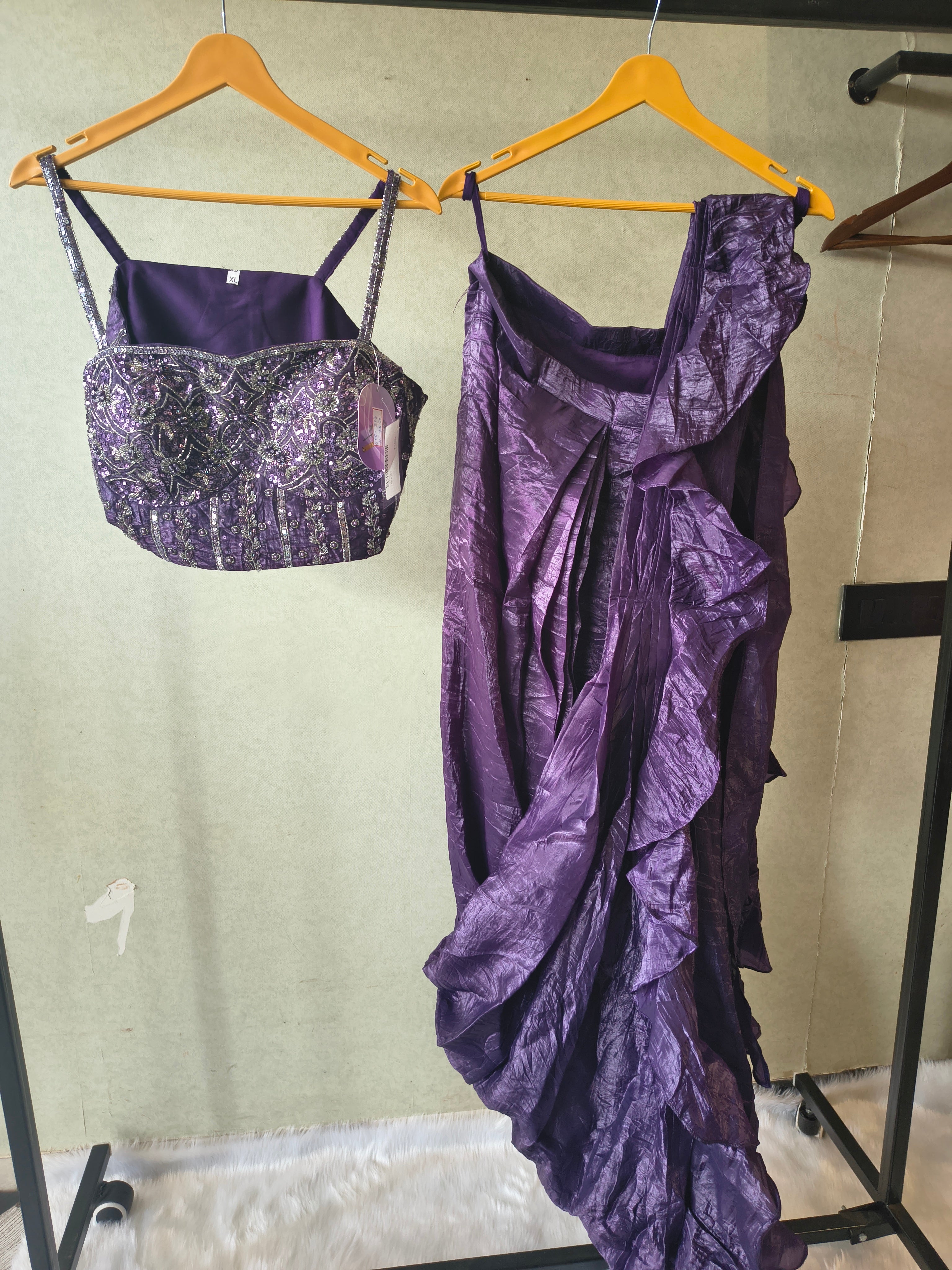 Image of Premium Purple Pre-Draped Designer Saree with Heavy Hand Embroidered Sequins Blouse