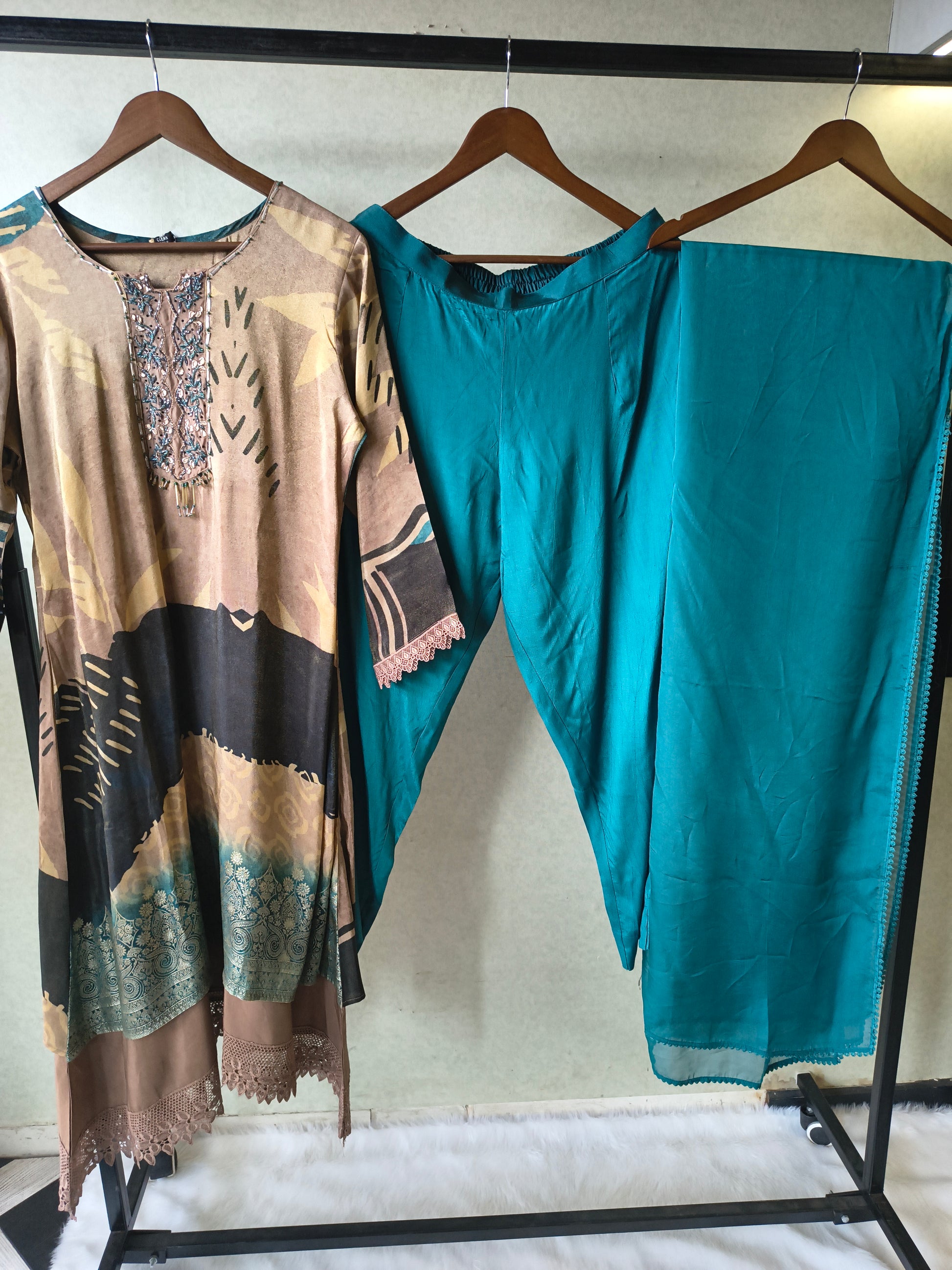 Premium Abstract Print Straight Kurta with Cigarette Pants & Dupatta Set
