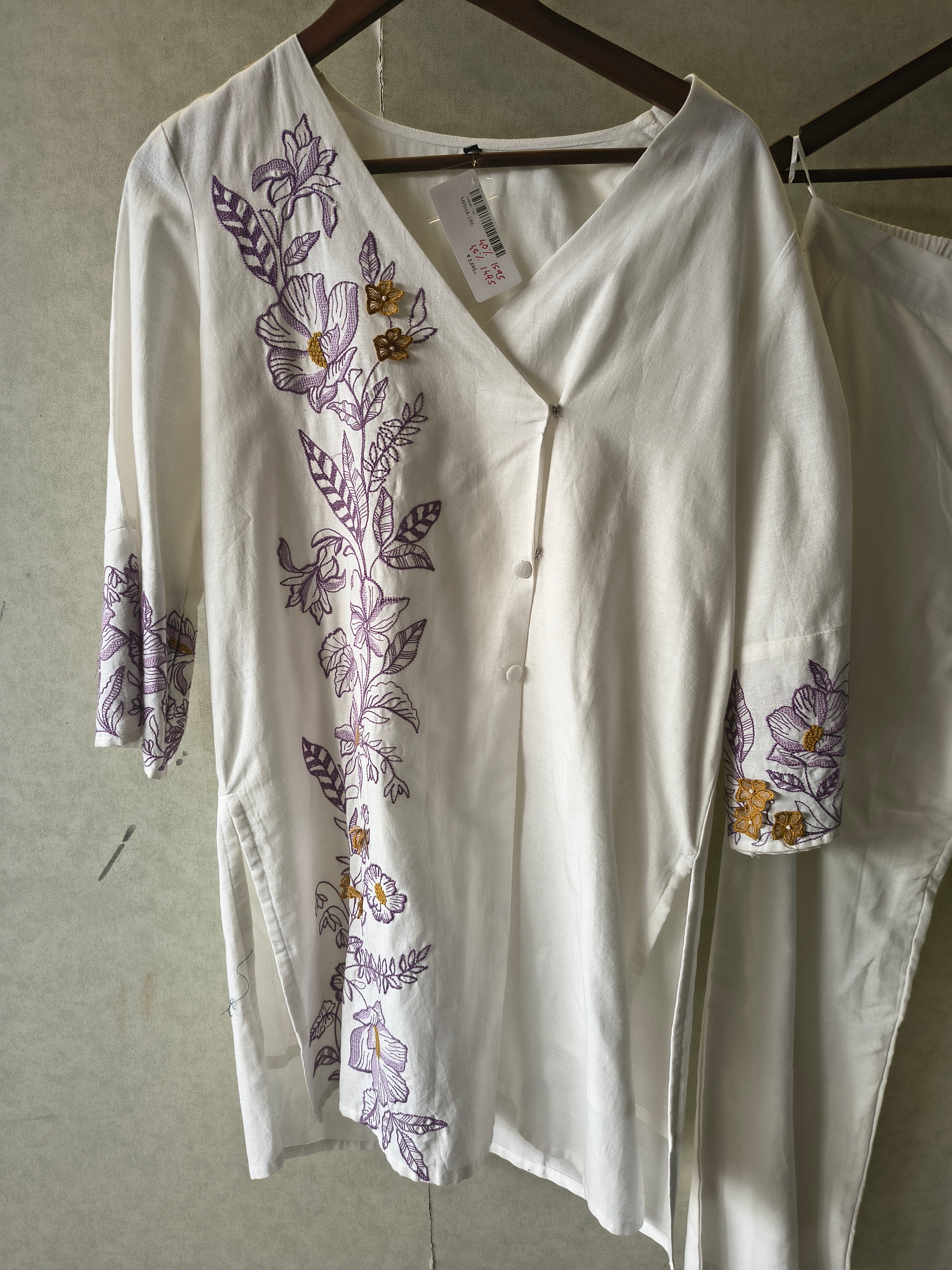 Image of Ivory Lavender Floral Embroidered Designer Wrap Kurta Pant Co-Ord Set