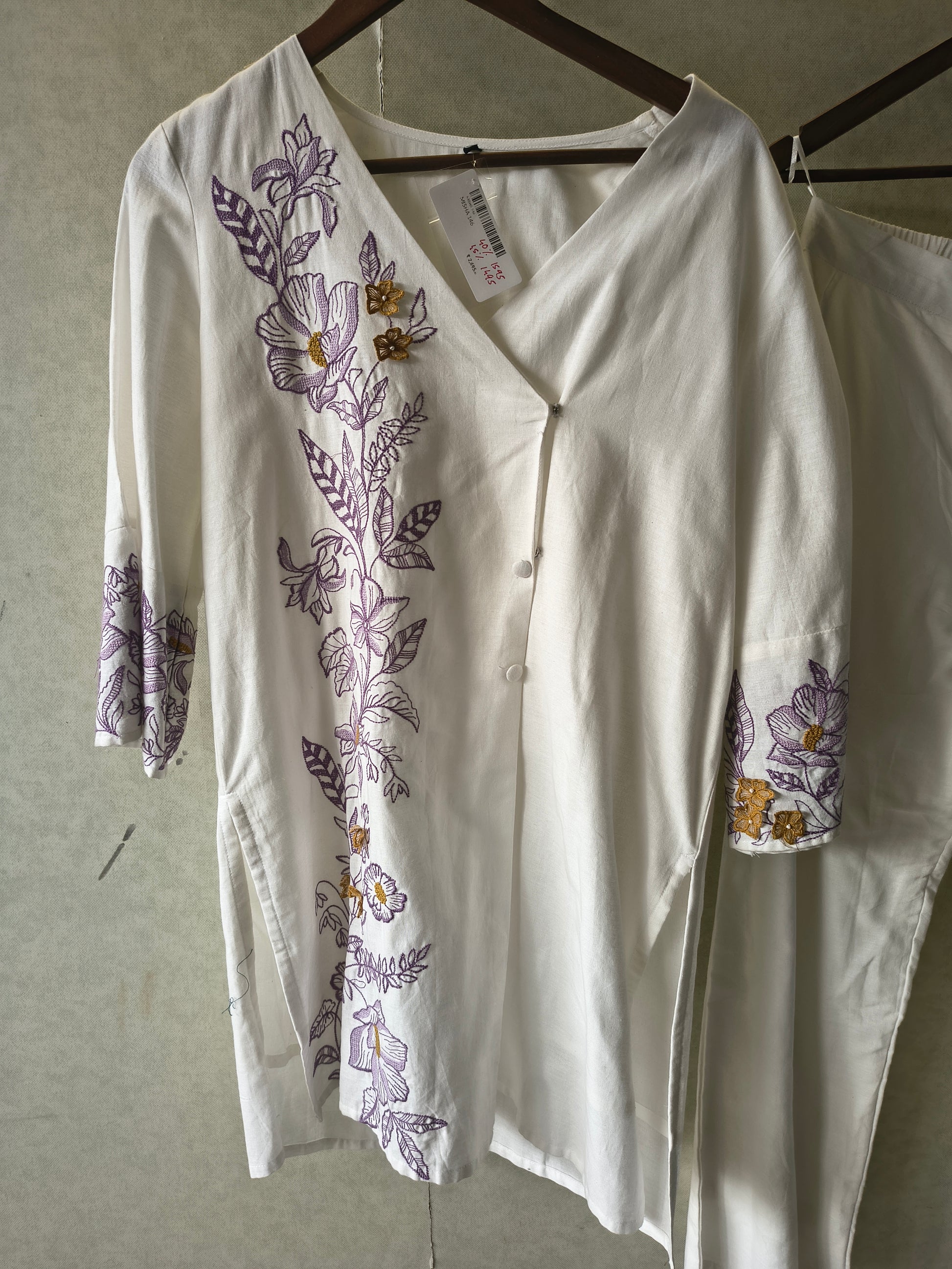 Ivory Lavender Floral Embroidered Designer Wrap Kurta Pant Co-Ord Set