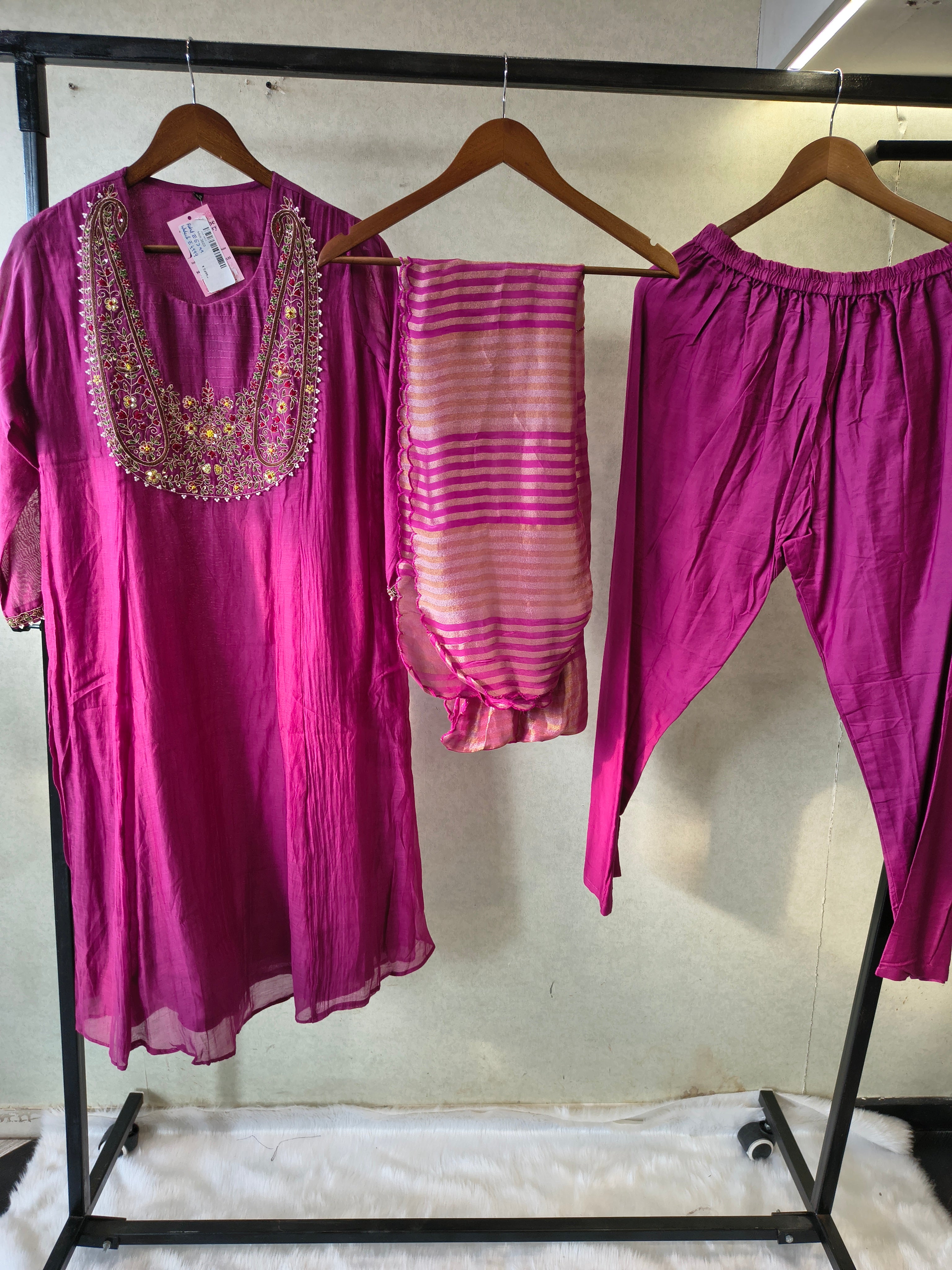 Image of Magenta Embroidered Straight Kurta Set with Heavy Handcrafted Yoke, Striped Organza Dupatta & Premium 3 Piece Ethnic Ensemble