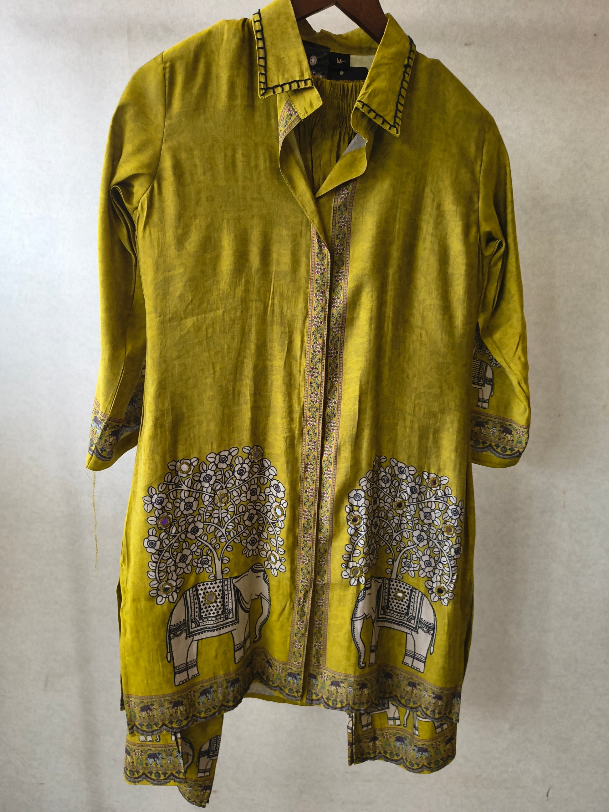 Mustard Yellow Elephant Print Designer Co-Ord Set with Asymmetrical Hem