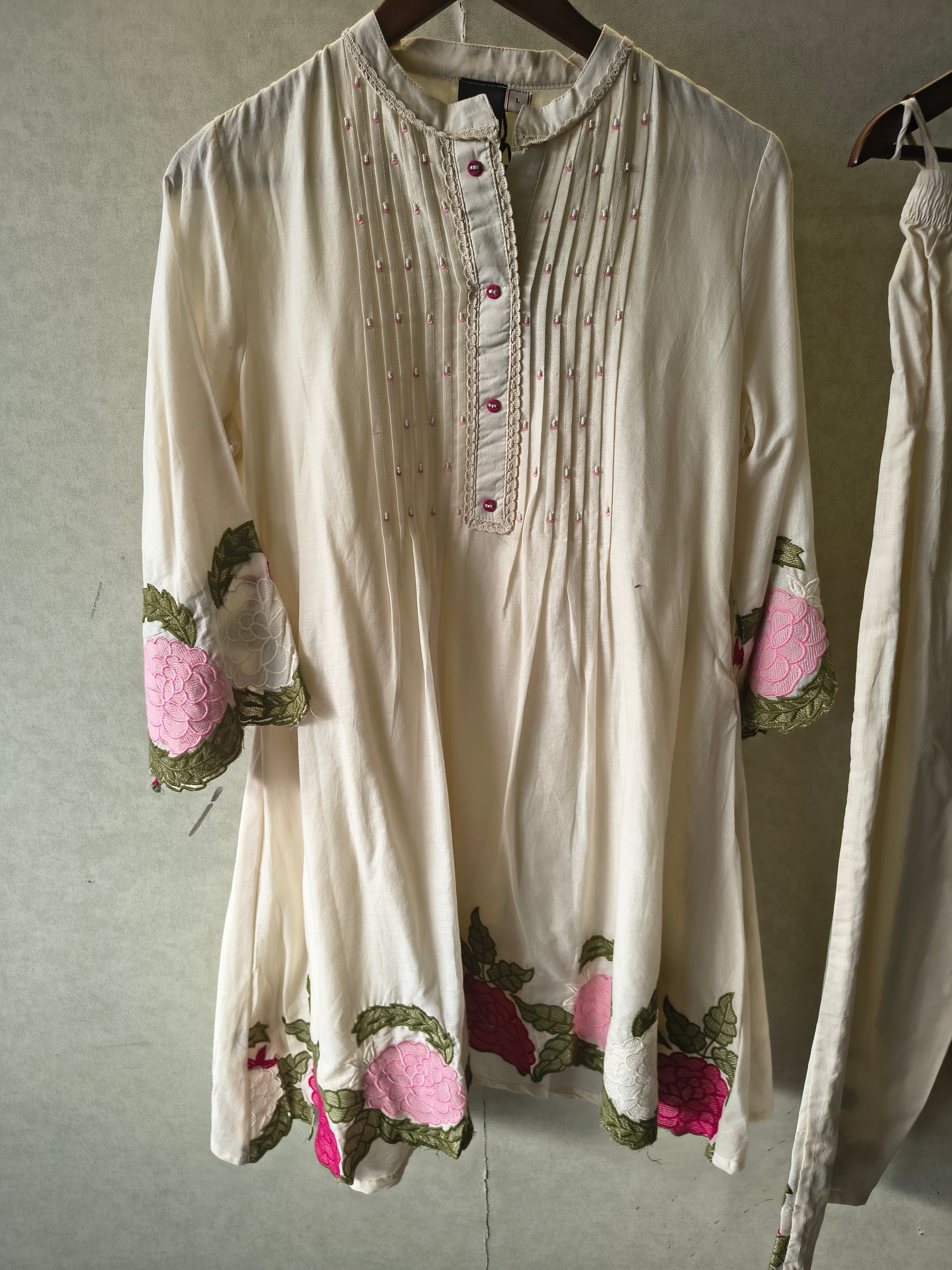 Image of Ivory Floral Embroidered Pintuck Designer Kurta Pant Co-Ord Set