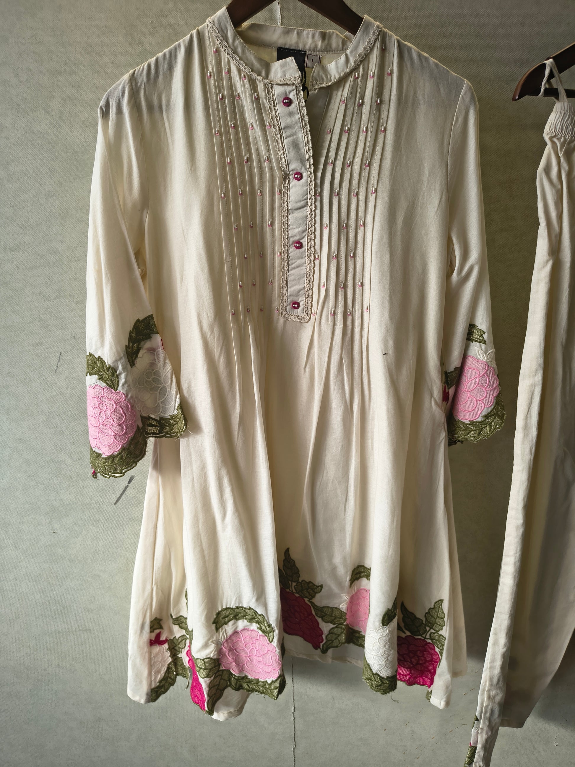 Ivory Floral Embroidered Pintuck Designer Kurta Pant Co-Ord Set