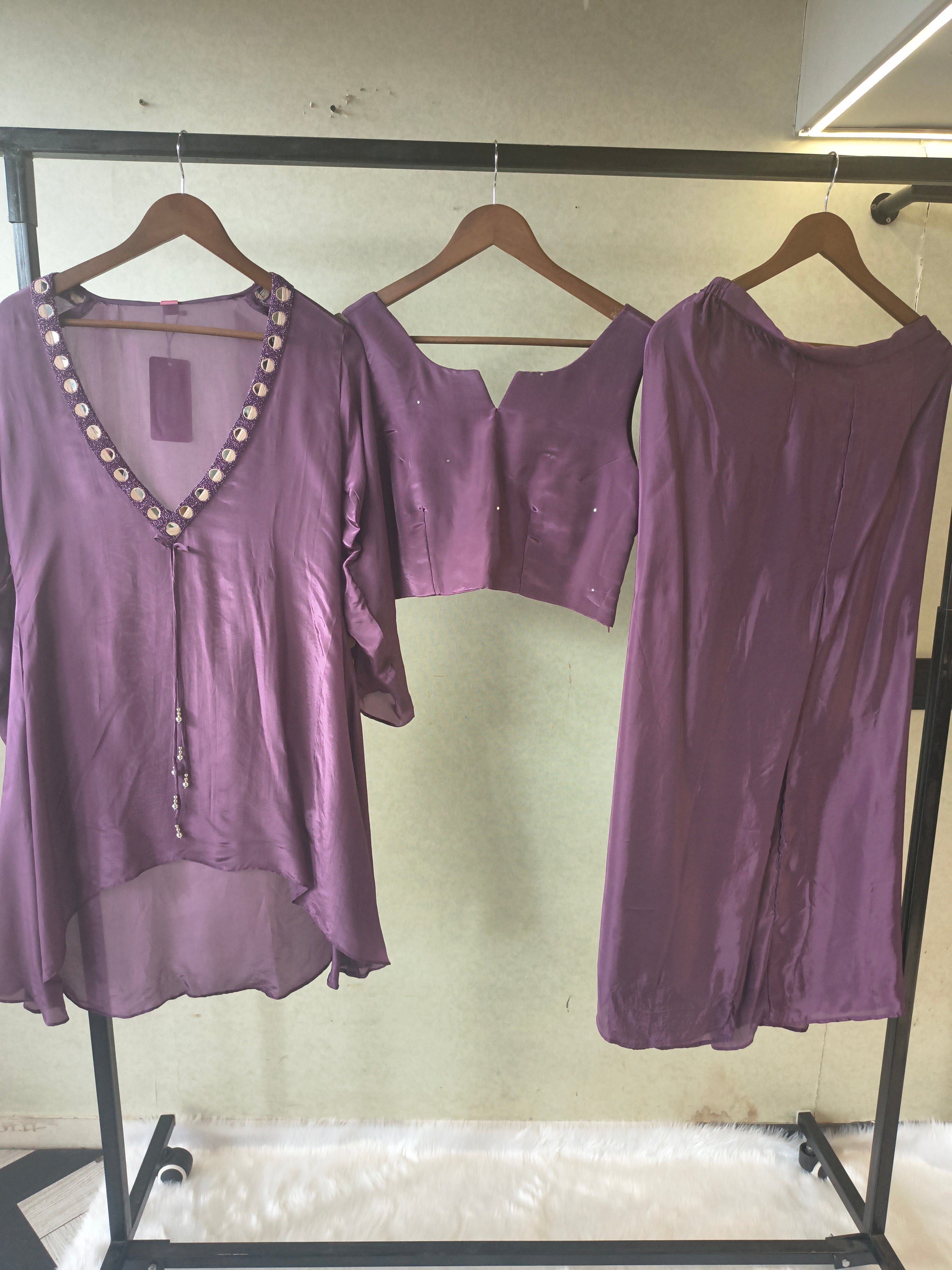 Image of Royal Plum Embellished High-Low Tunic with Sleeveless Blouse & Wide-Leg Pants – 3 Piece Designer Indo-Western Set