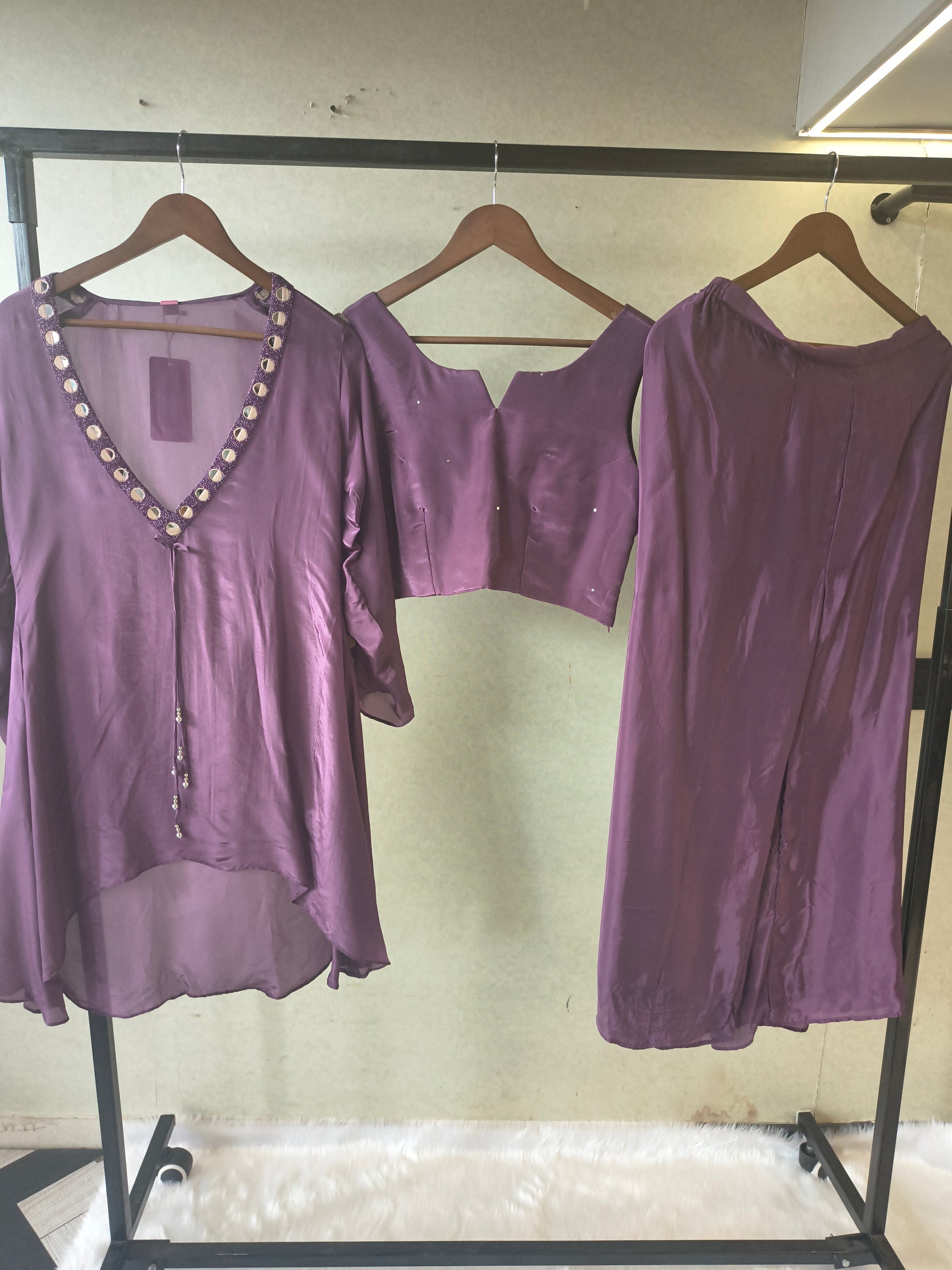 Royal Plum Embellished High-Low Tunic with Sleeveless Blouse & Wide-Leg Pants – 3 Piece Designer Indo-Western Set