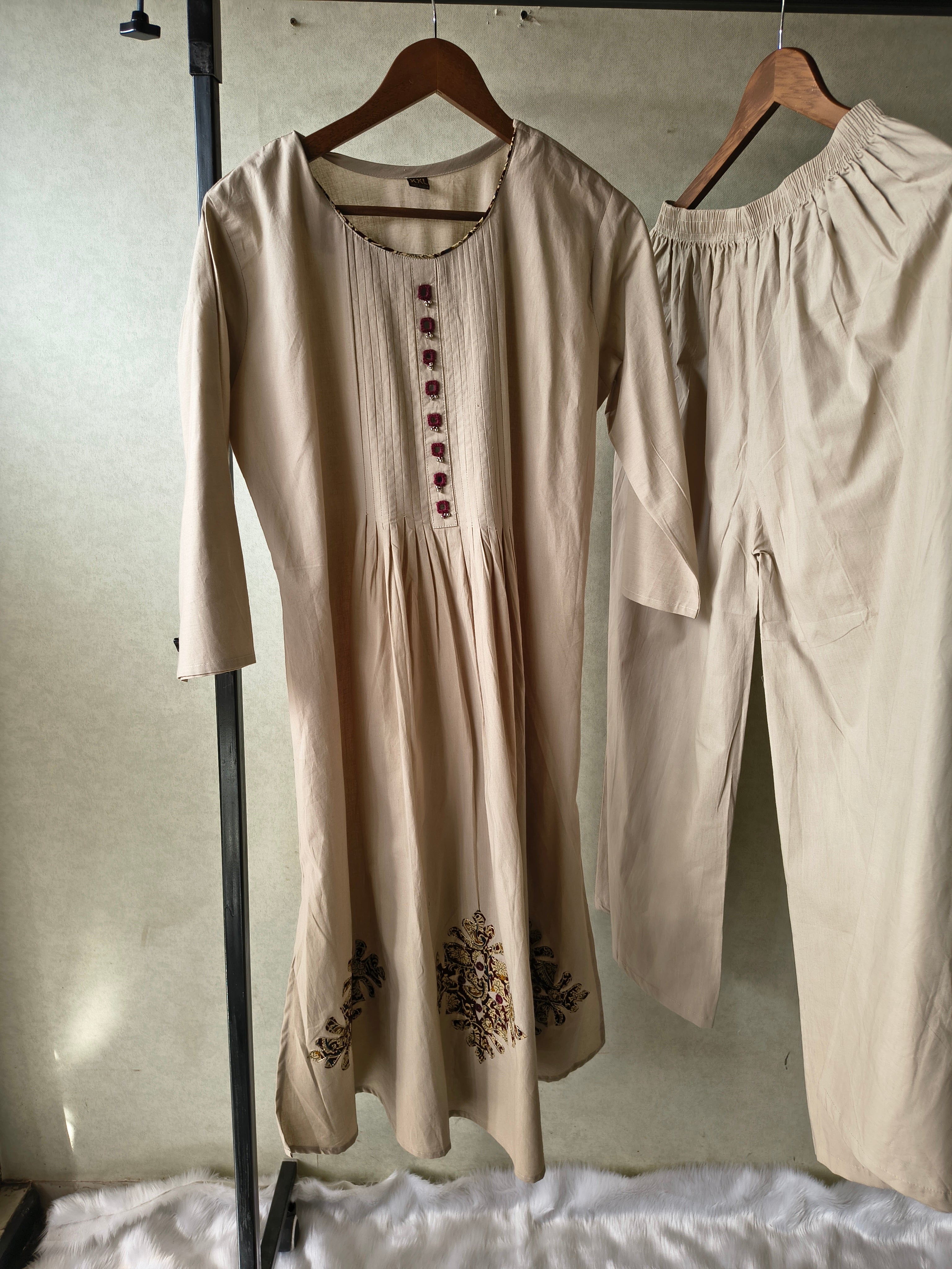 Image of Beige Embroidered Three-Piece Kurta Set with Pintuck Detailing & Designer Dupatta