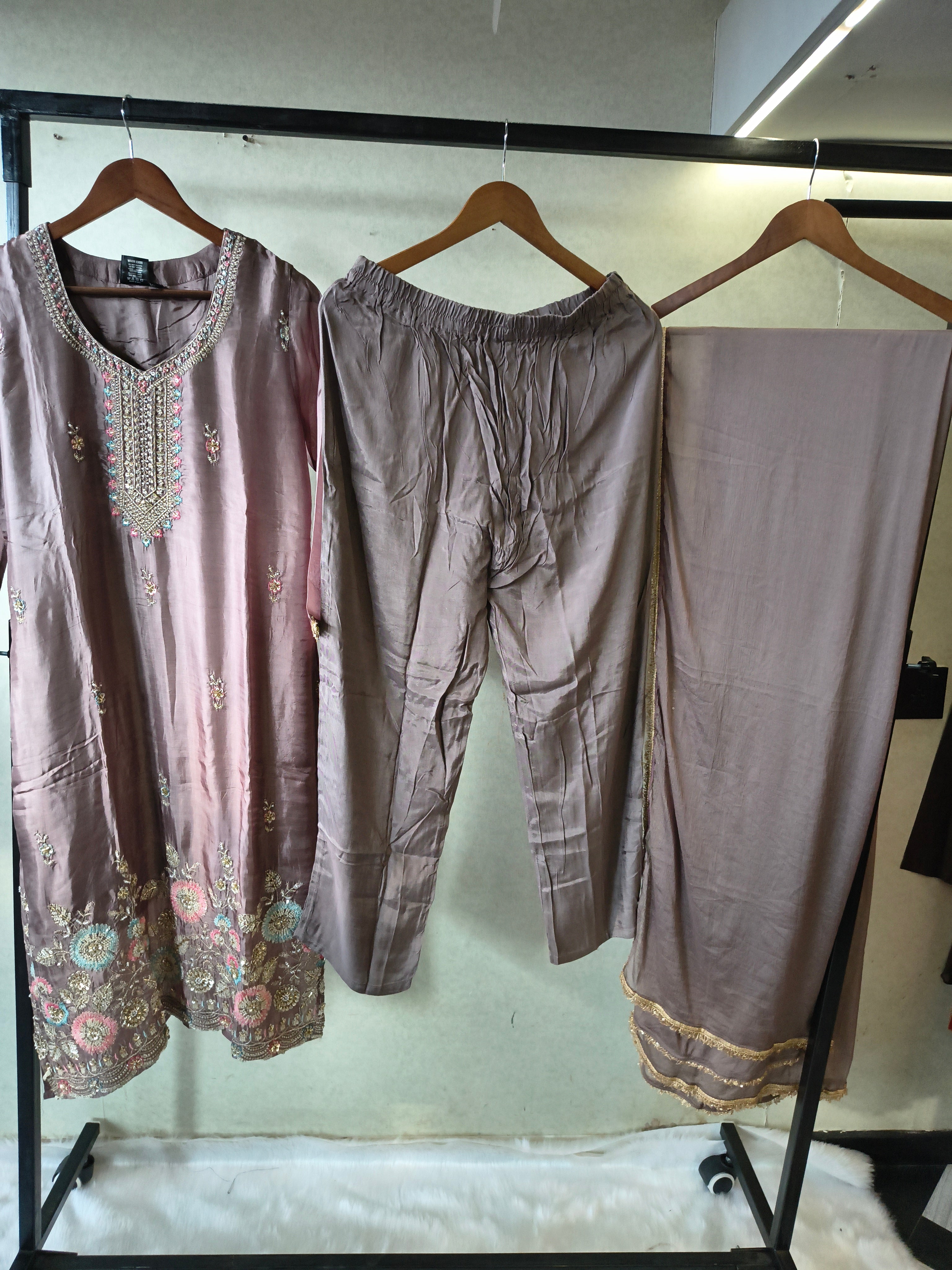 Image of Taupe Grey Embroidered Straight Kurta Set with Pastel Floral Hem, Handcrafted Yoke & Lace Border Dupatta – Premium 3 Piece Ethnic Ensemble