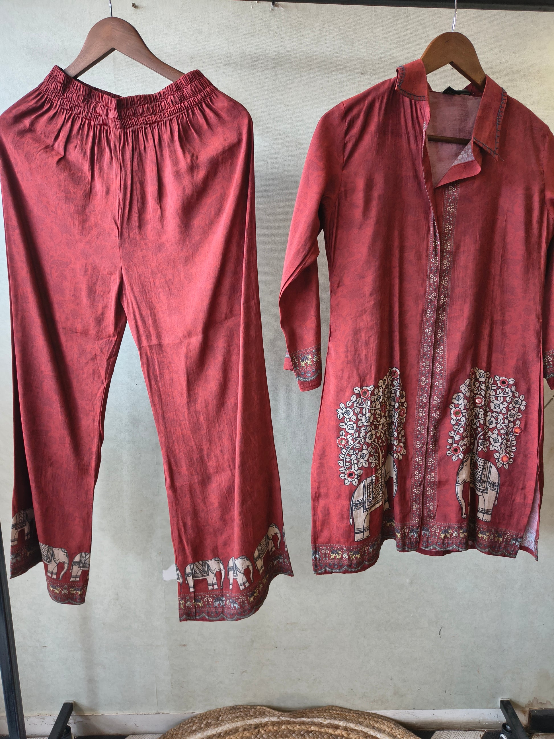 Rust Red Elephant Print Designer Co-Ord Set with Asymmetrical Hem