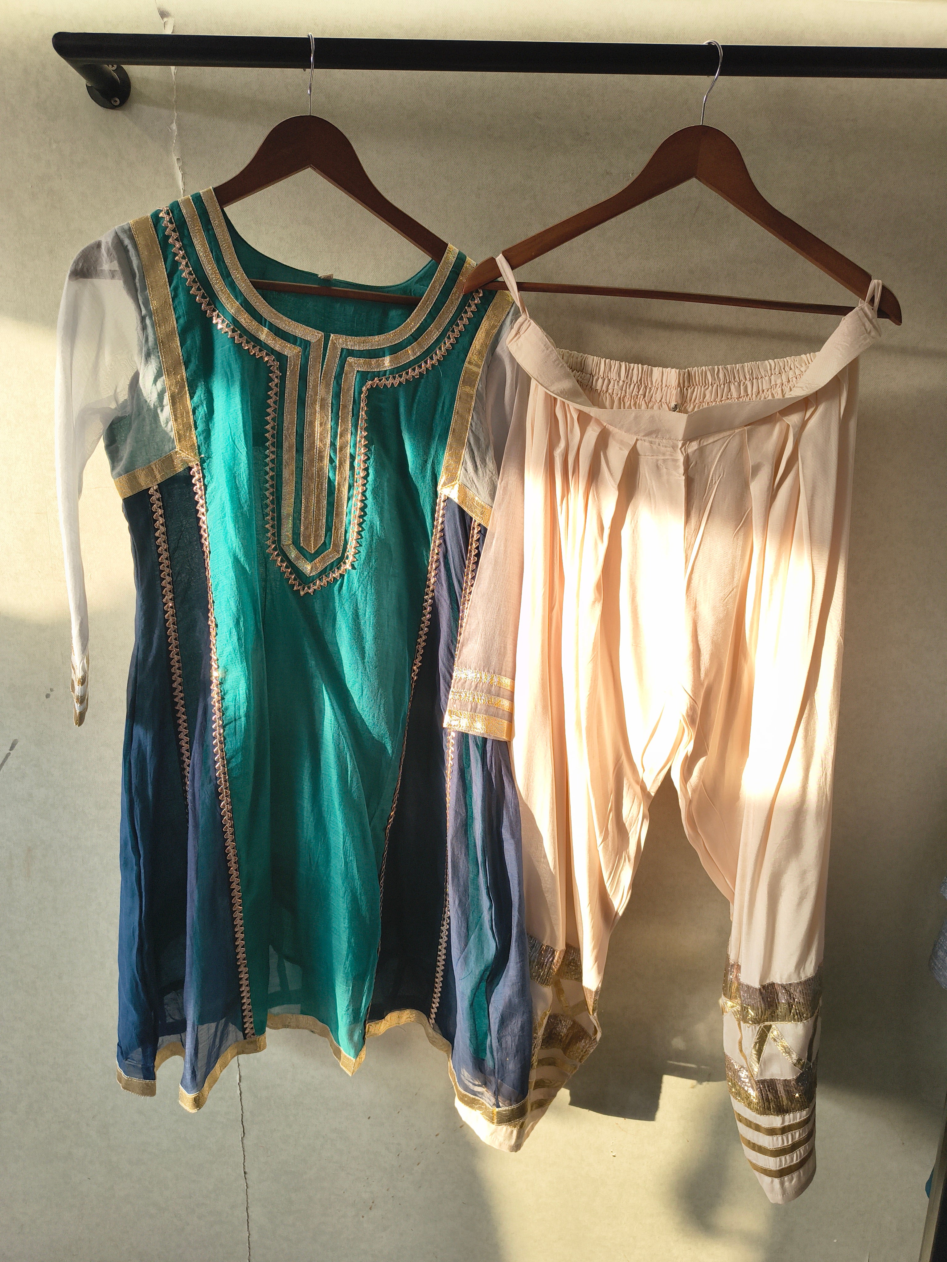 Image of Teal & Navy Colour Block Designer Kurta Set with Gota Patti Dhoti Pants