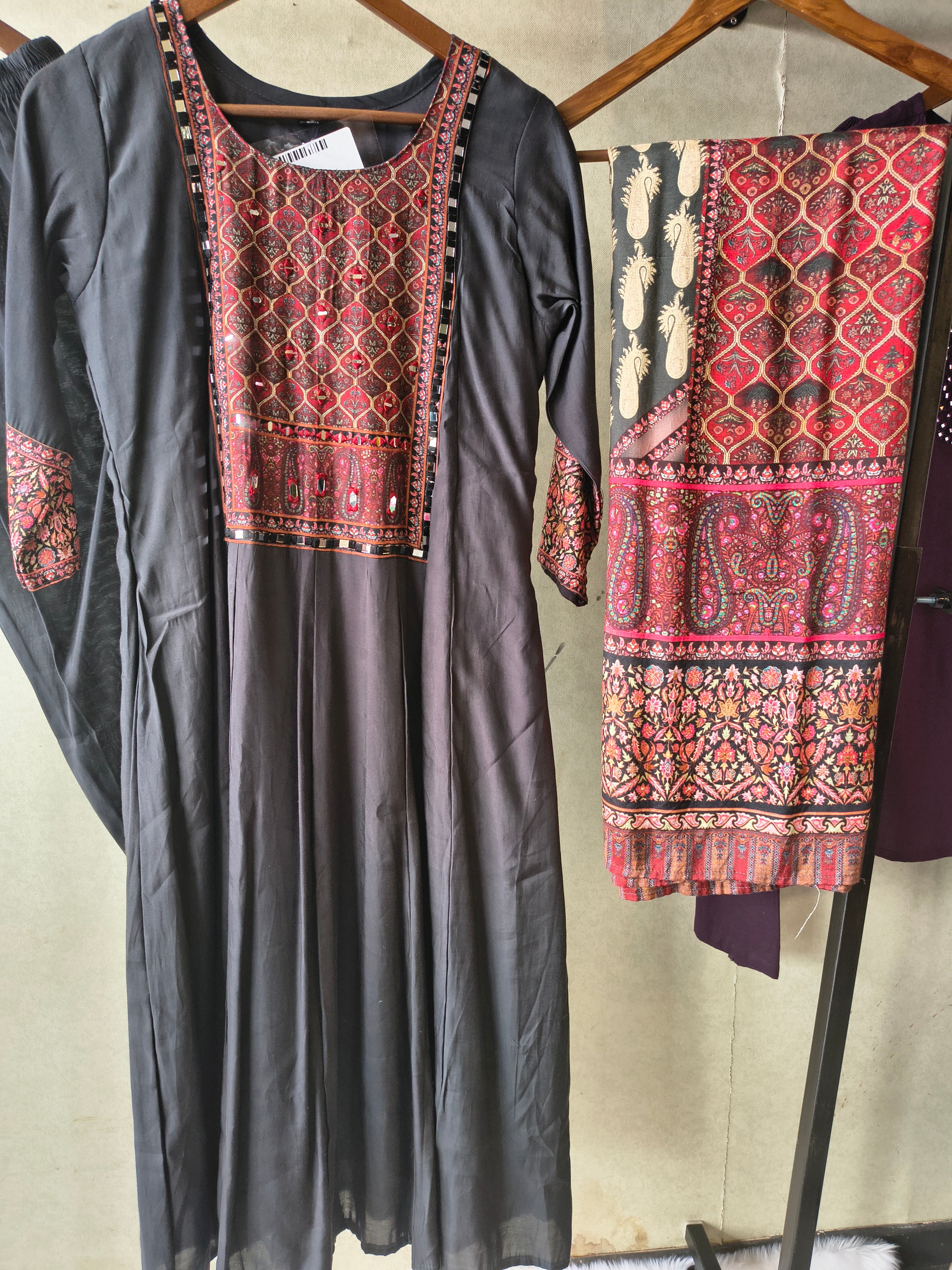 Image of Premium Black Printed Anarkali Kurta Set with Ethnic Yoke, Solid Pants & Designer Dupatta