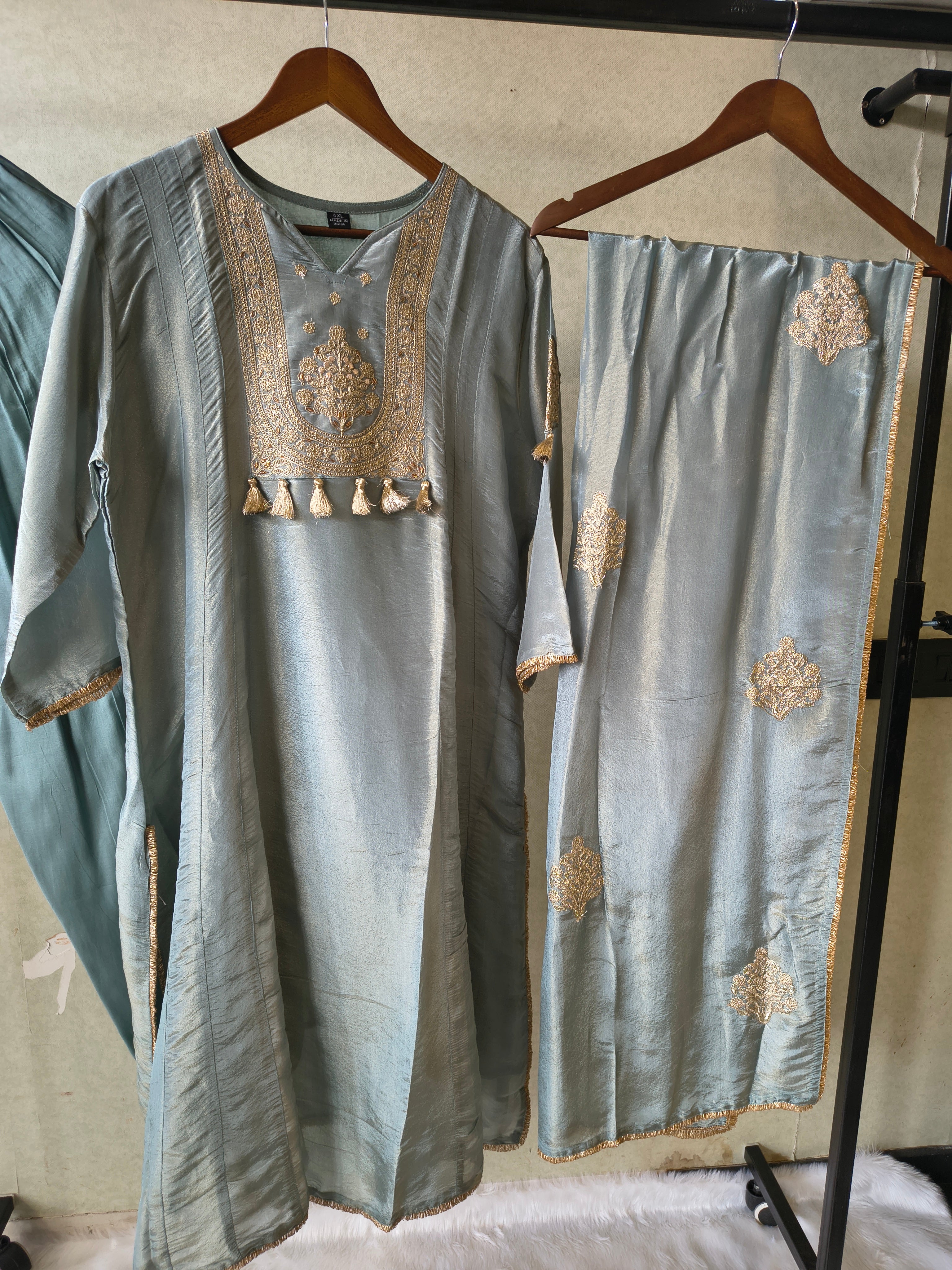 Image of Premium Sage Blue Embroidered A-Line Kurta Set with Dupatta