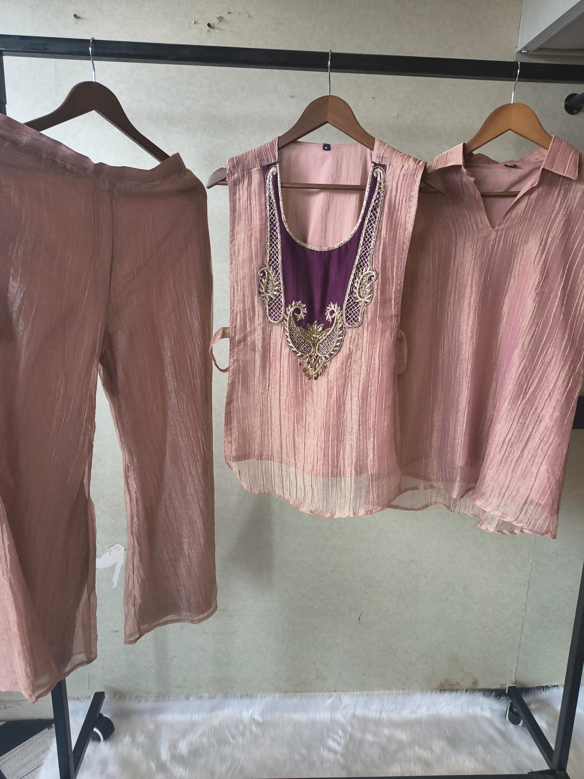 Premium Champagne Tissue Silk Embroidered Kurta with Hand Embellished Statement Yoke (Copy)