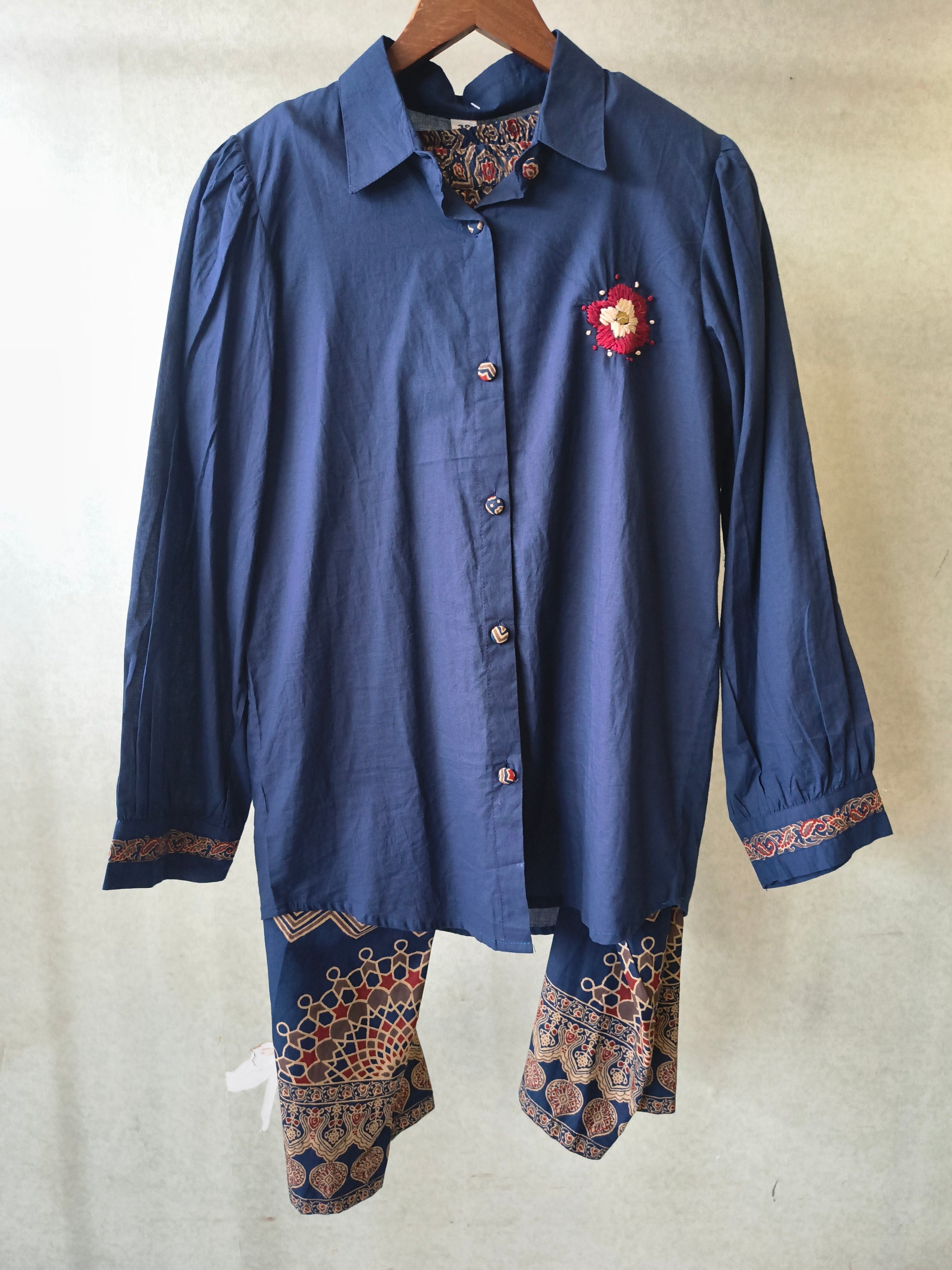 Navy Blue Designer Shirt Co-Ord Set with Statement Printed Palazzo Pants