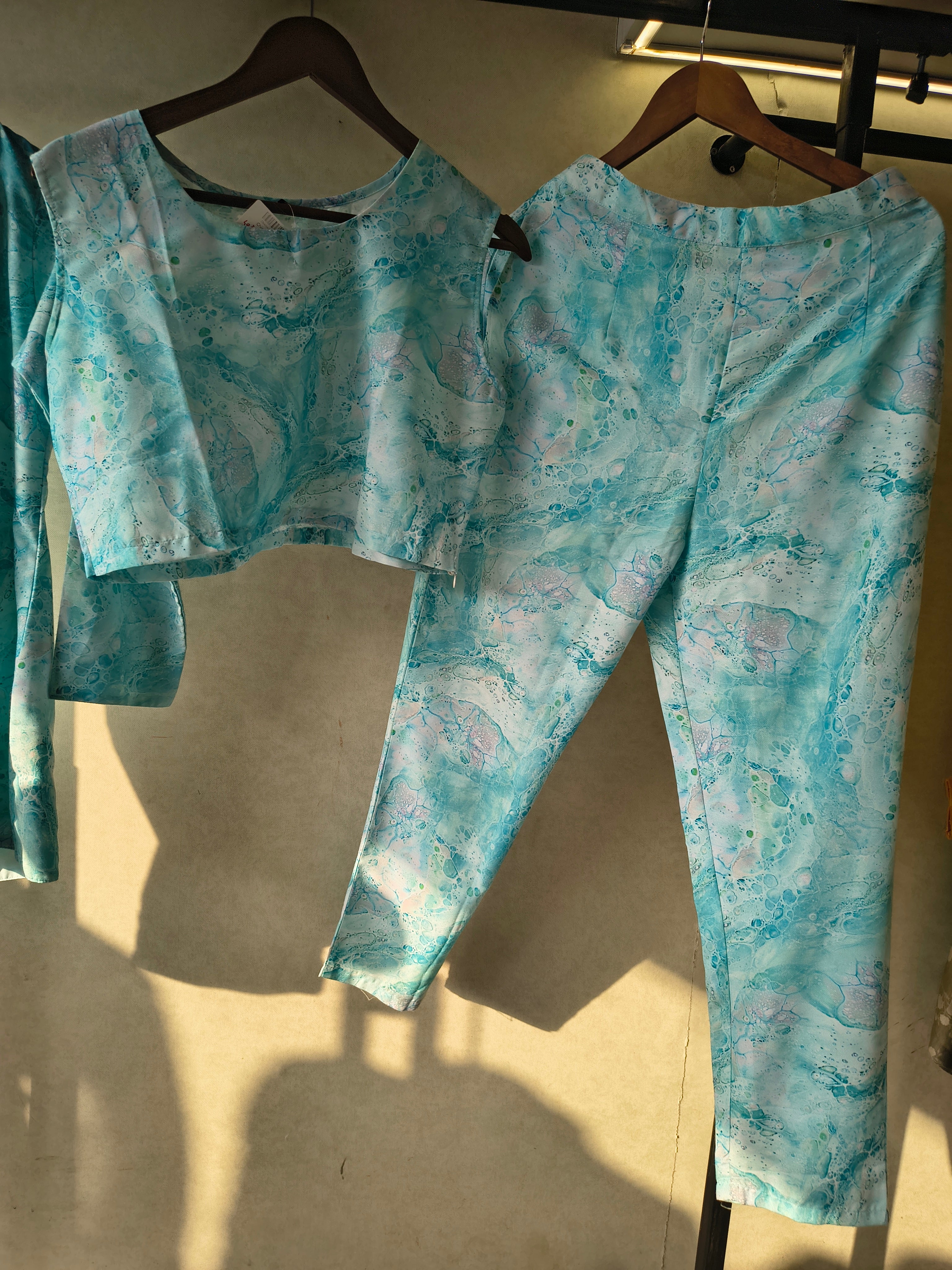 Image of Premium Aqua Marble Print Blazer, Crop Top & Straight Pants Co-Ord Set