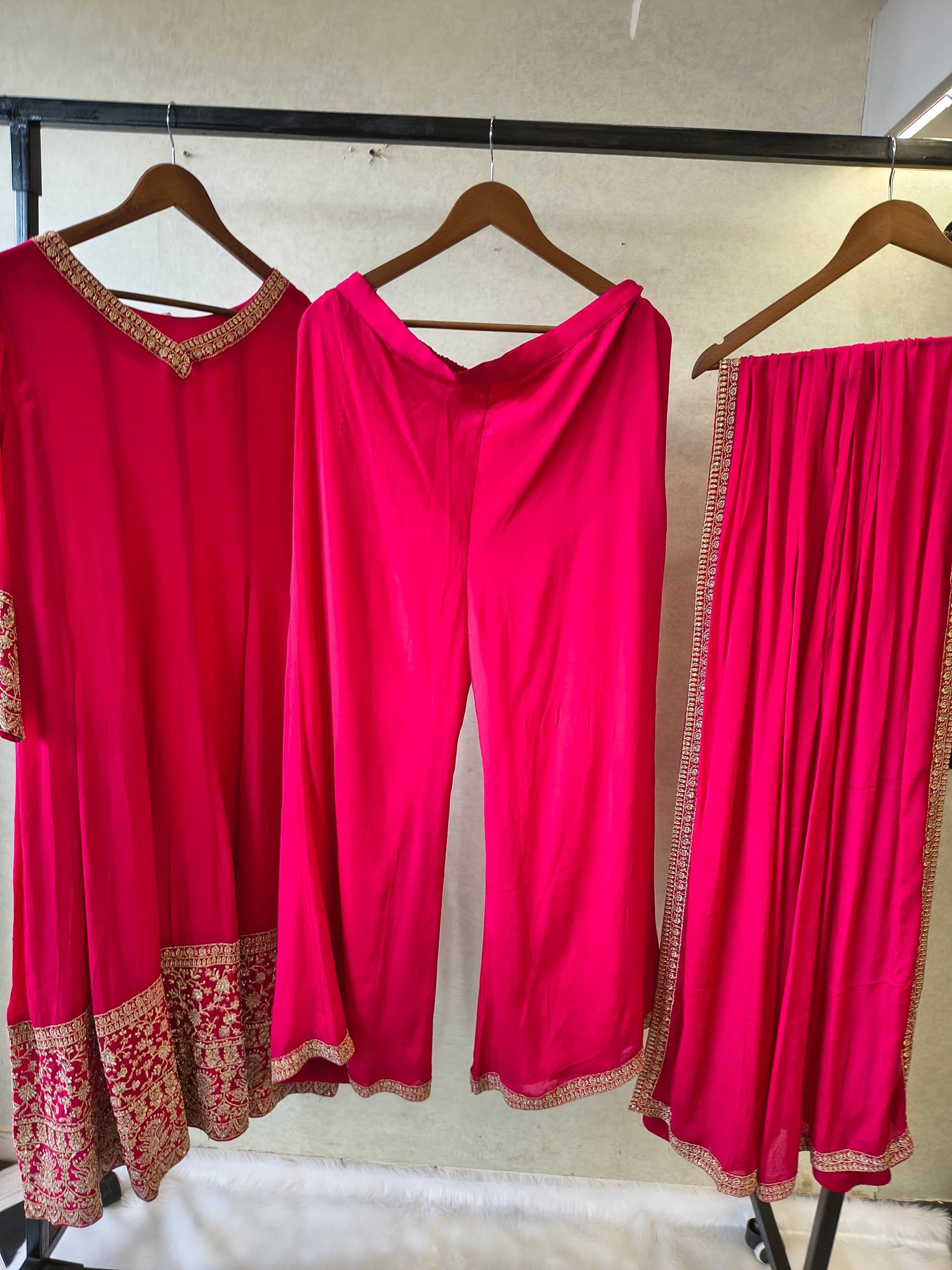 Rani Pink Embroidered Straight Kurta Set with Dupatta | Premium 3 Piece Festive Ethnic Suit