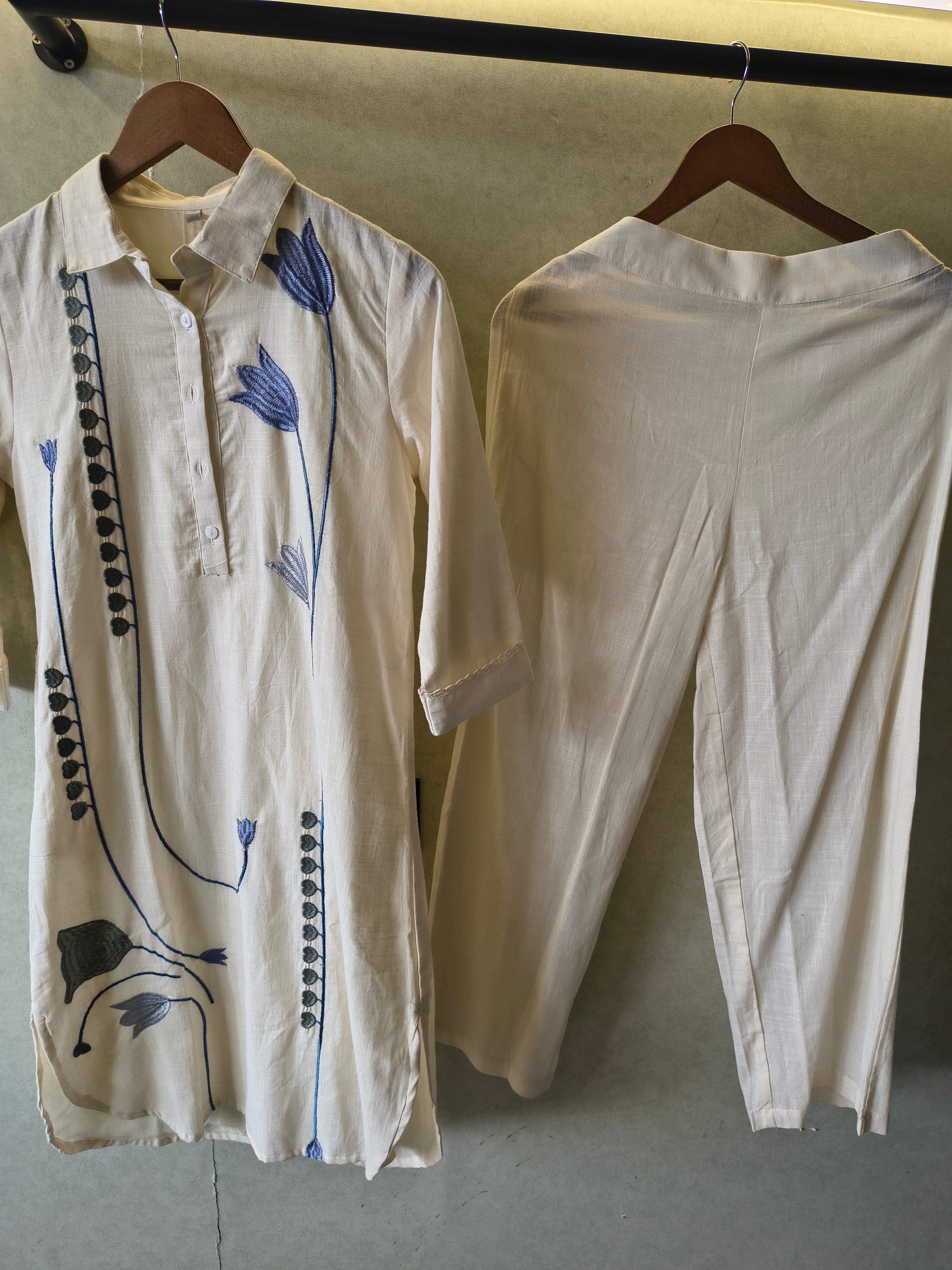 Image of Ivory Botanical Embroidered Cotton Co-Ord Set