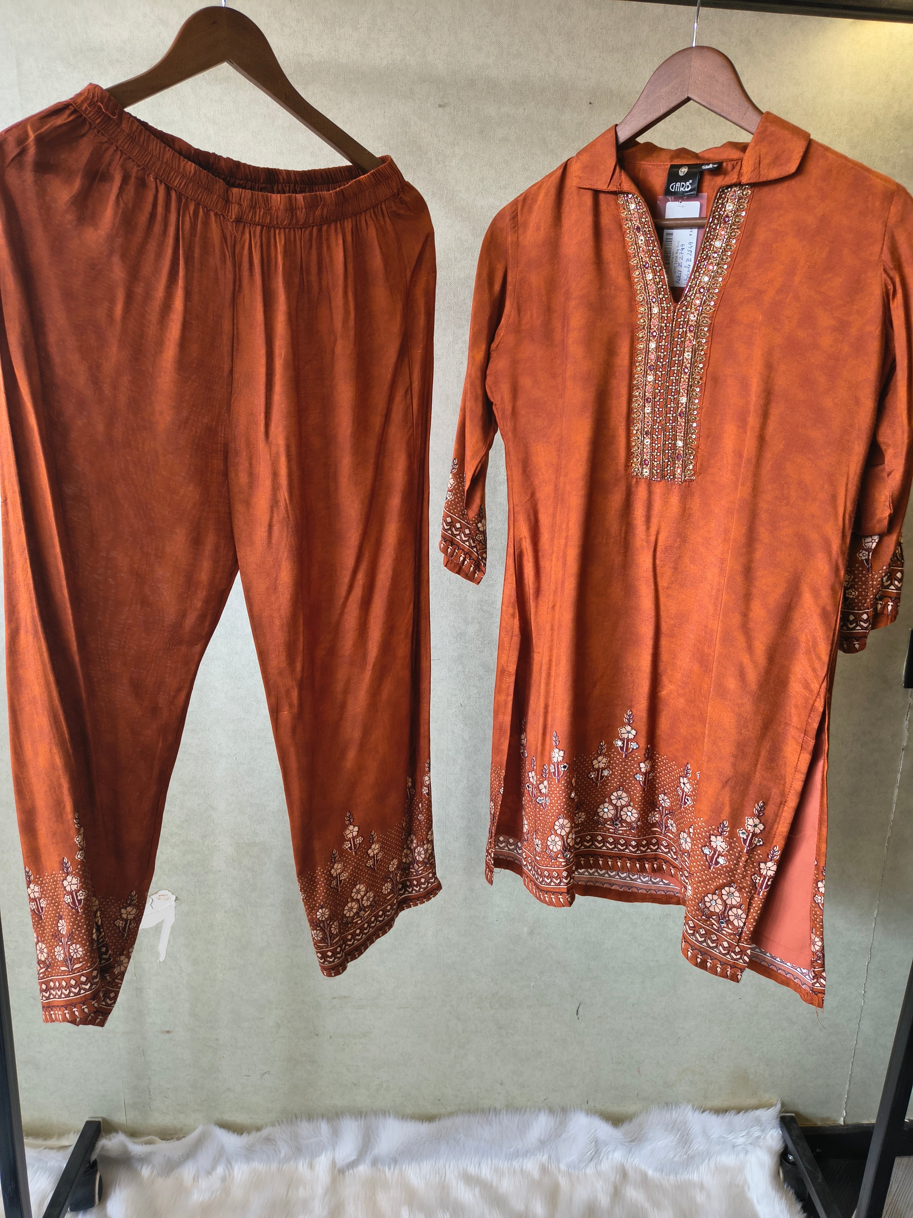 Image of Rust Brown Designer Ethnic Co-Ord Set with Embellished Neckline & Printed Borders