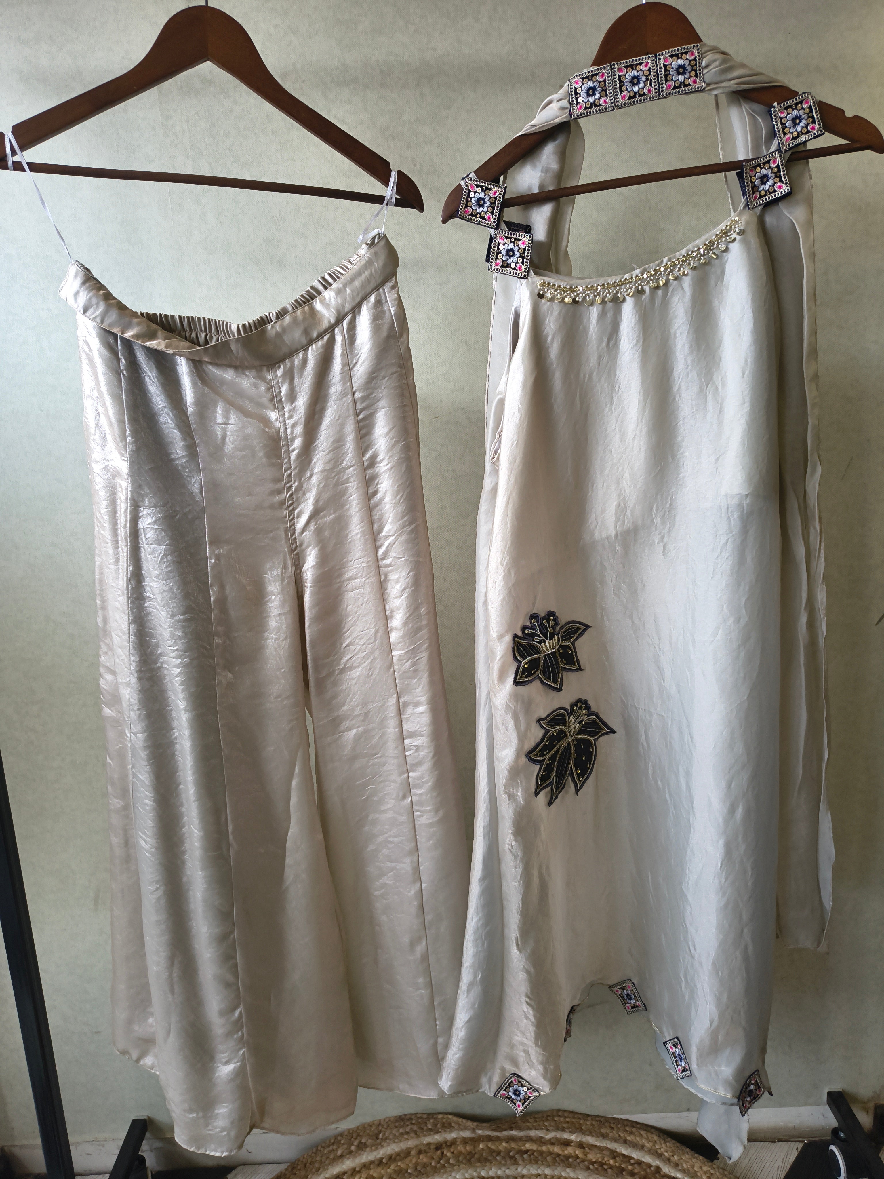 Image of Ivory Designer A-Line Dress with Handcrafted Floral Appliqué & Embellished Scarf
