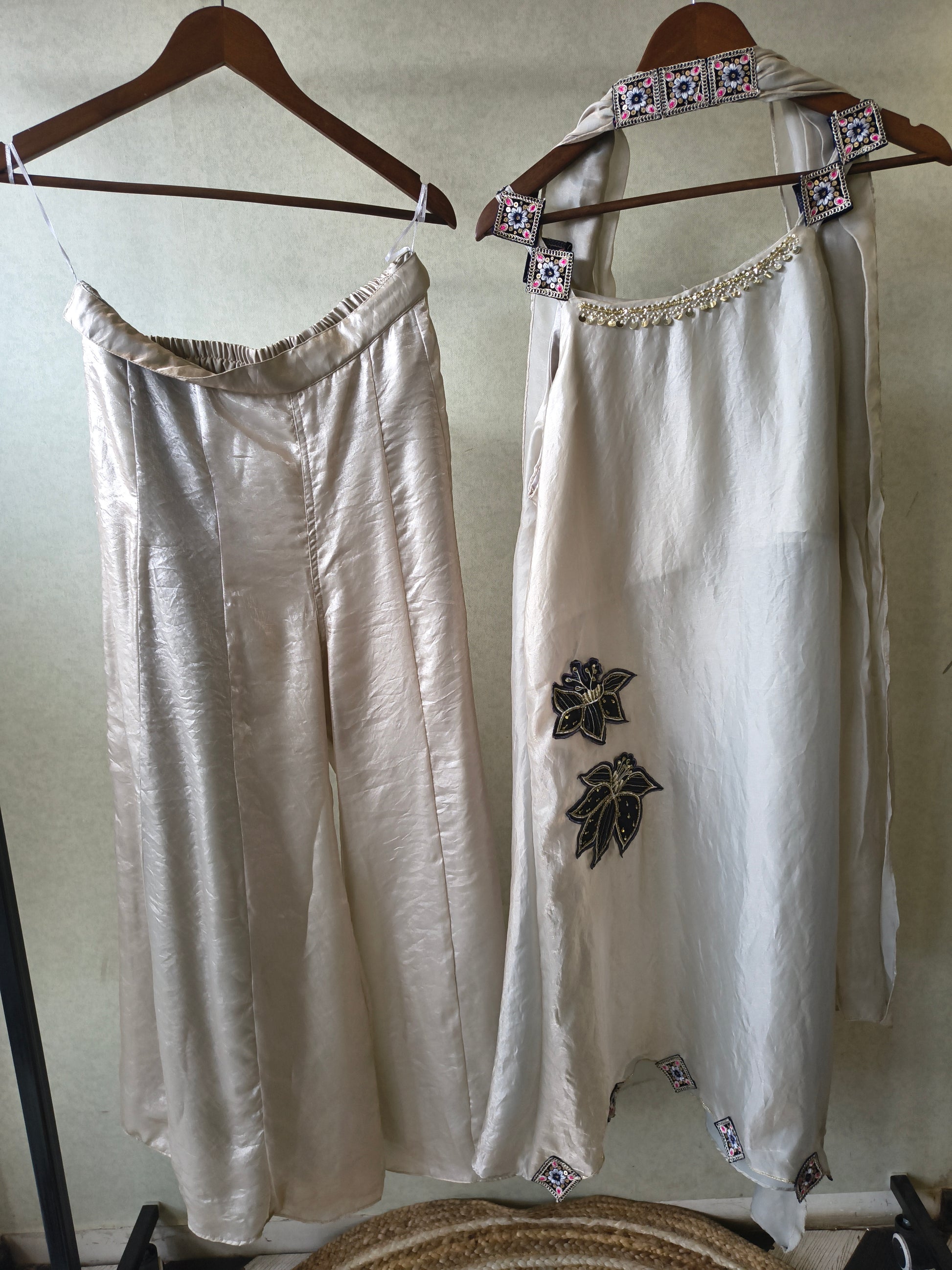 Ivory Designer A-Line Dress with Handcrafted Floral Appliqué & Embellished Scarf