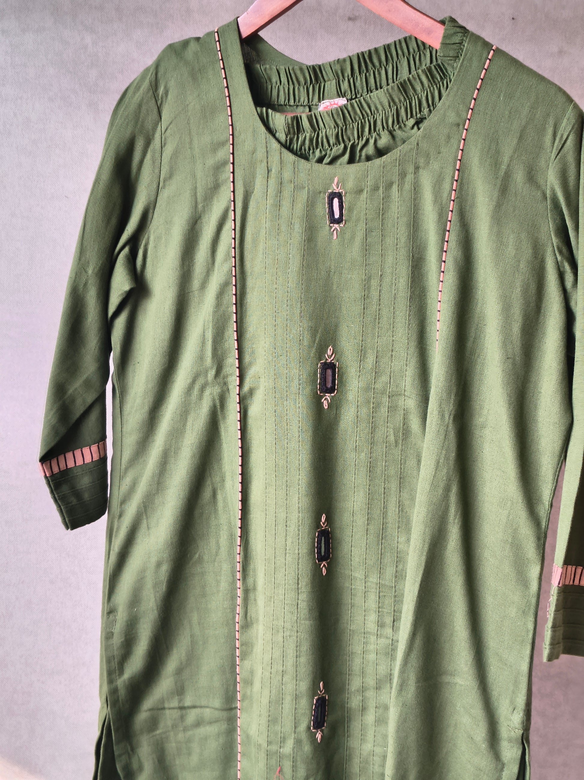 Tadko Premium Olive Green Straight Kurta Co-Ord Set with Embellished Yoke