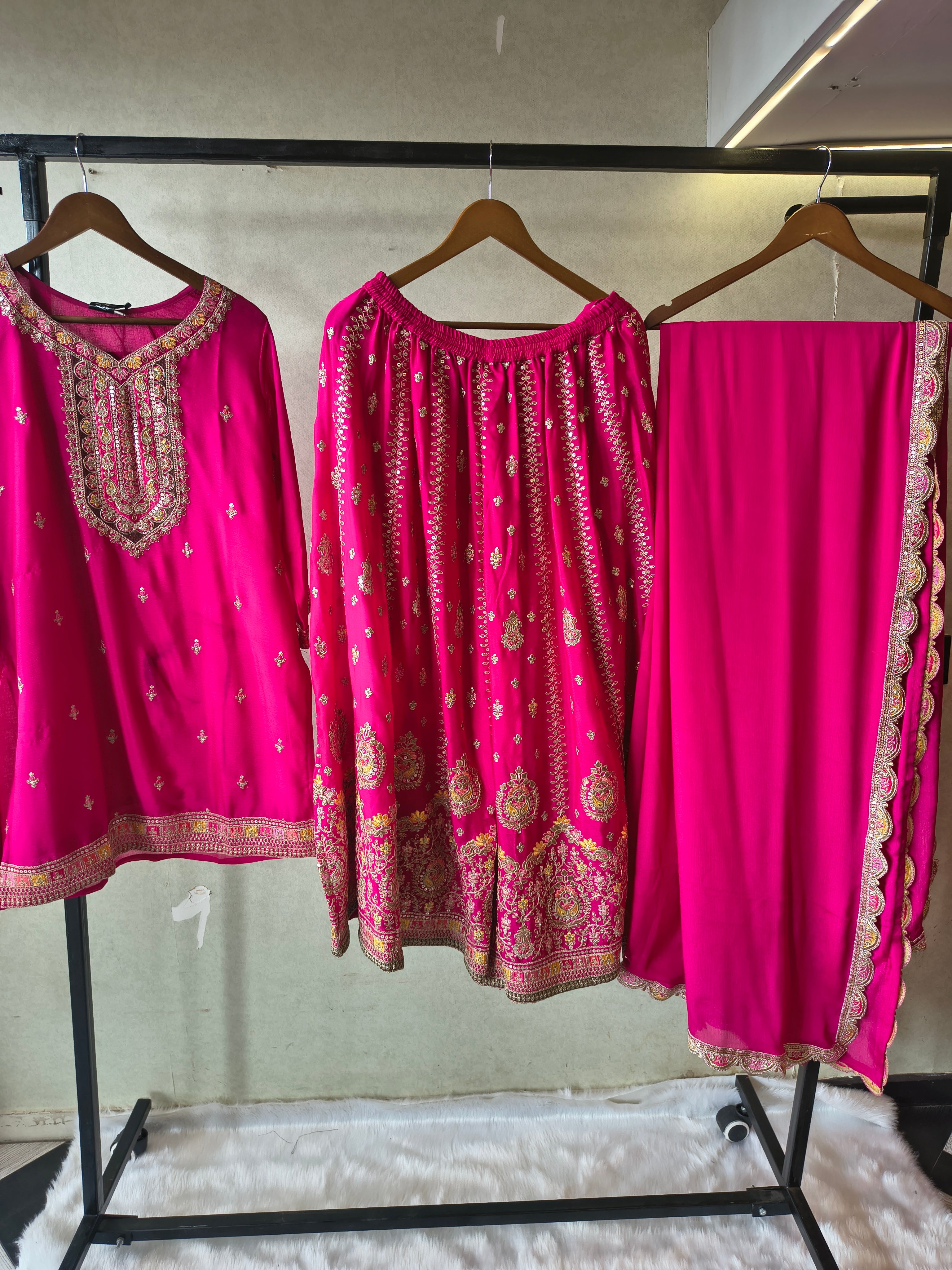 Image of Rani Pink Embroidered Kurta Sharara Set with Scalloped Dupatta – Premium 3 Piece Festive Ensemble