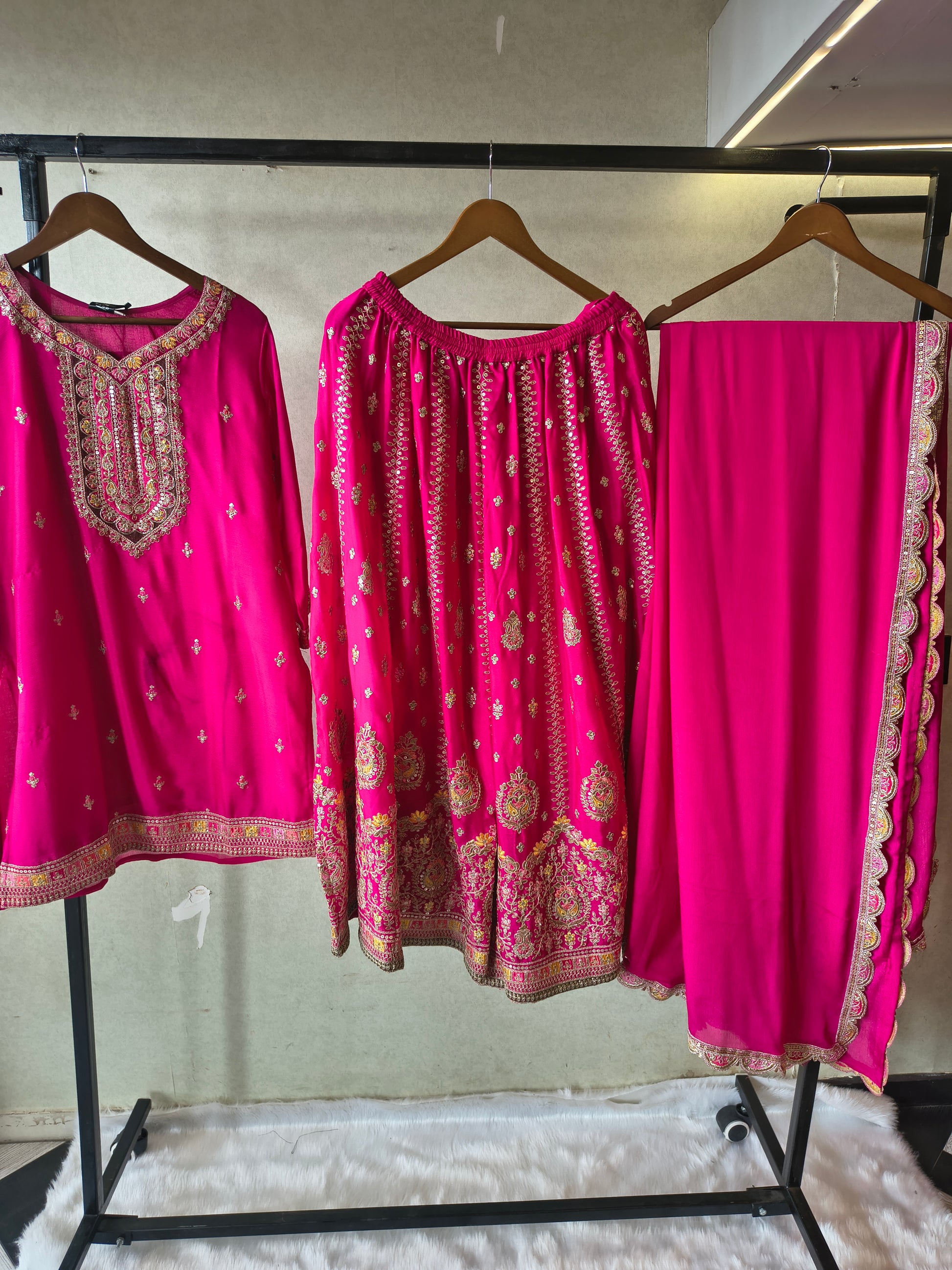 Rani Pink Embroidered Kurta Sharara Set with Scalloped Dupatta – Premium 3 Piece Festive Ensemble