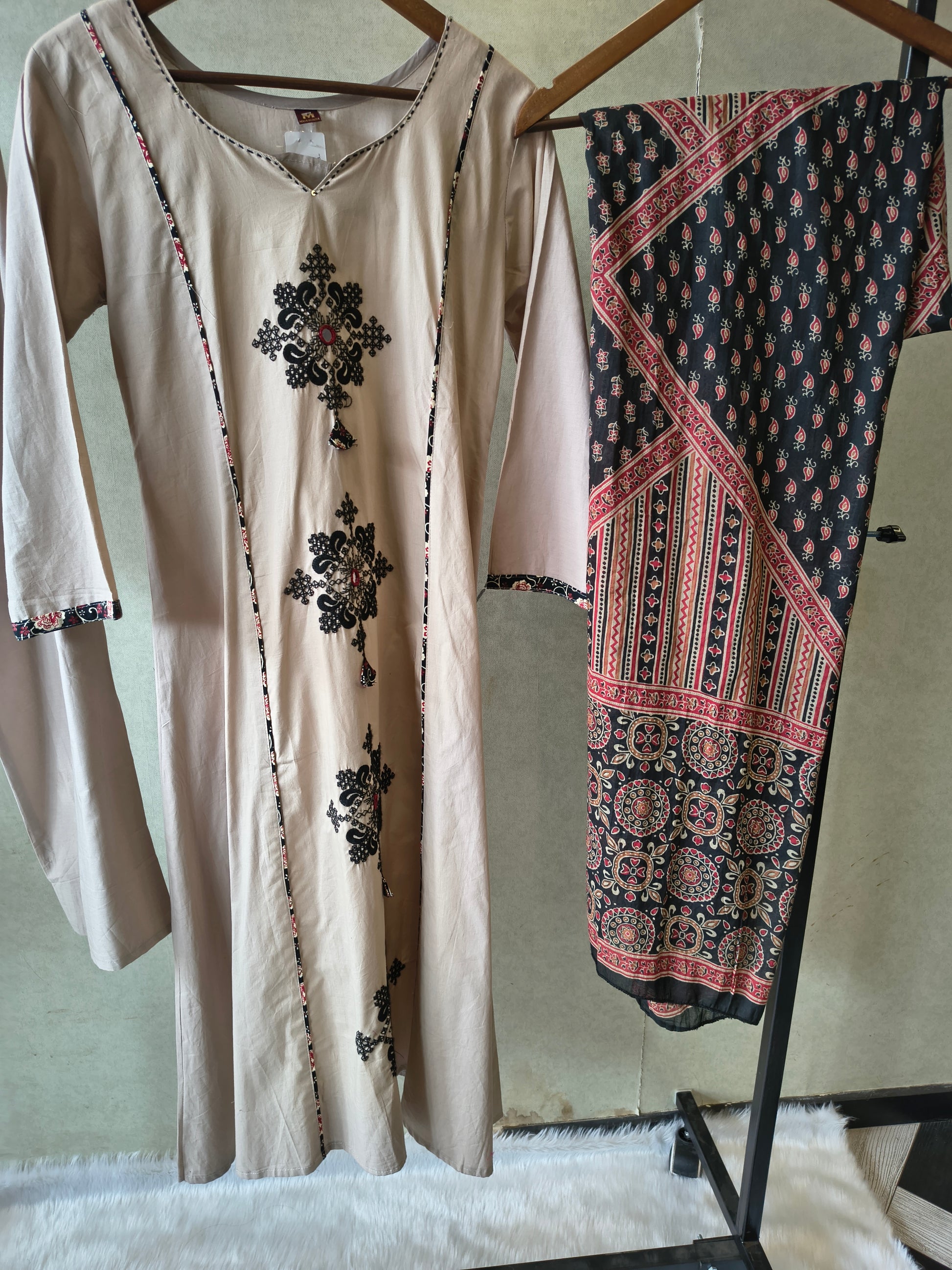Blush Beige Cotton Straight Kurta Set with Floral Embroidery & Printed Dupatta