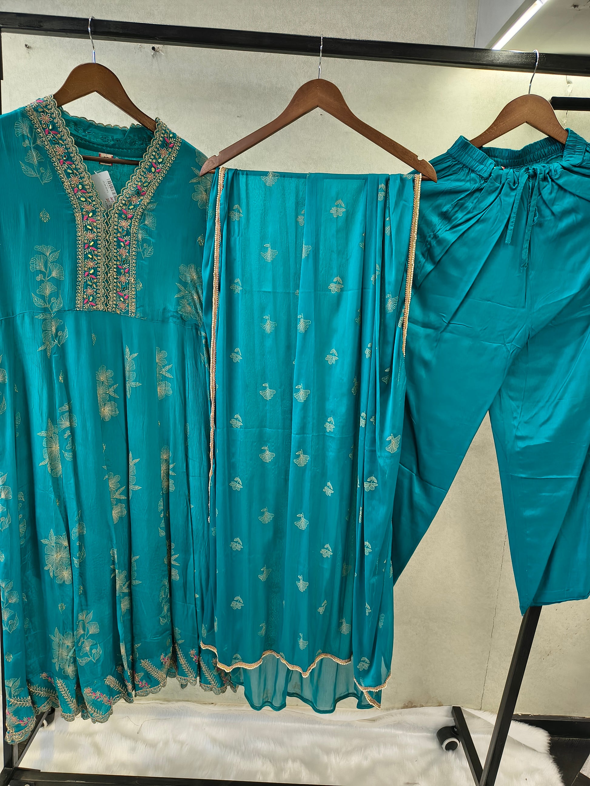 Teal Blue Floral Embroidered Anarkali Kurta Set with Straight Pants & Embroidered Chiffon Dupatta | Premium 3 Piece Festive Ensemble