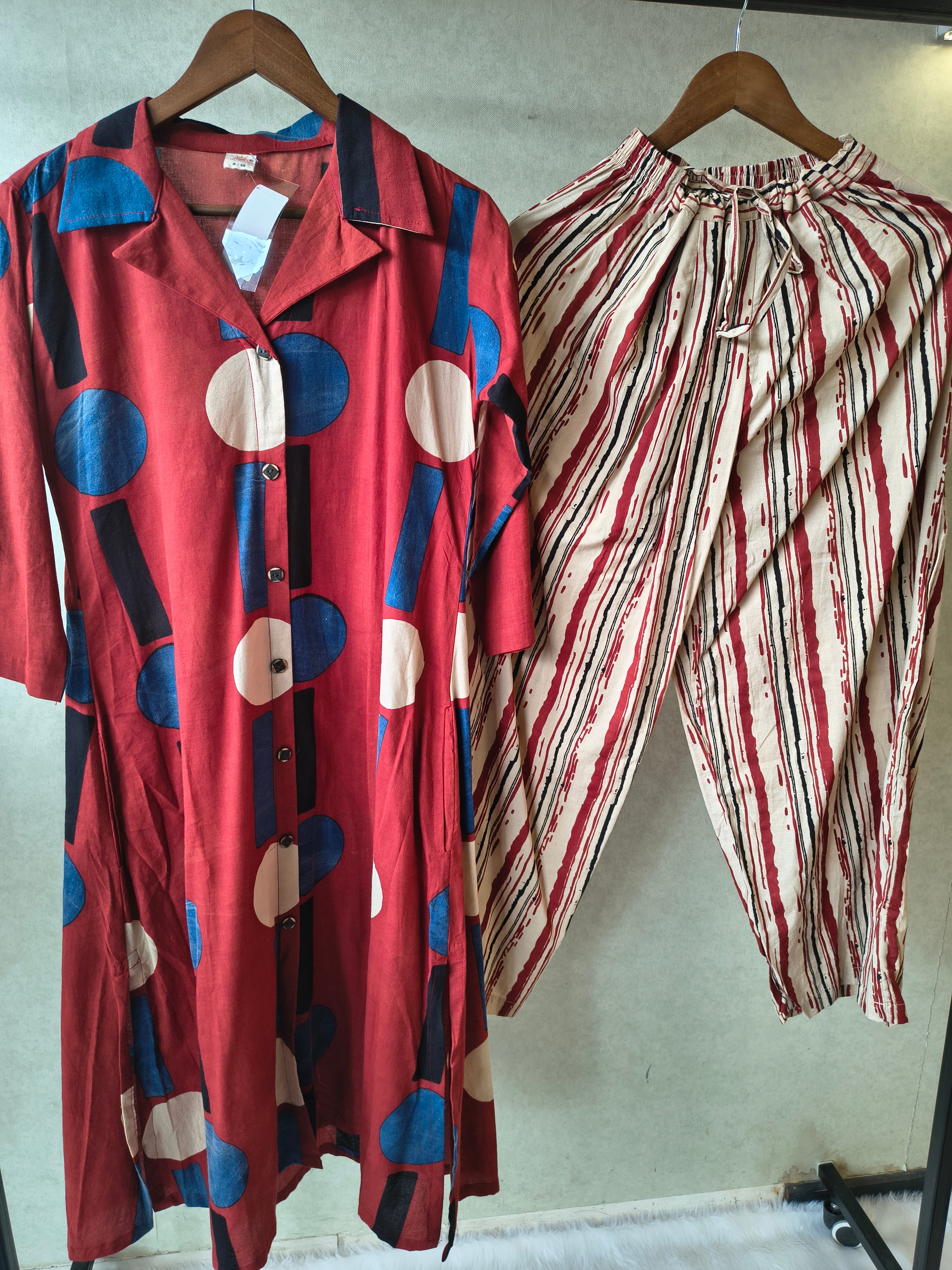Image of Premium Rust Red Abstract Printed Shirt Kurta with Striped Relaxed Pants Co-Ord Set
