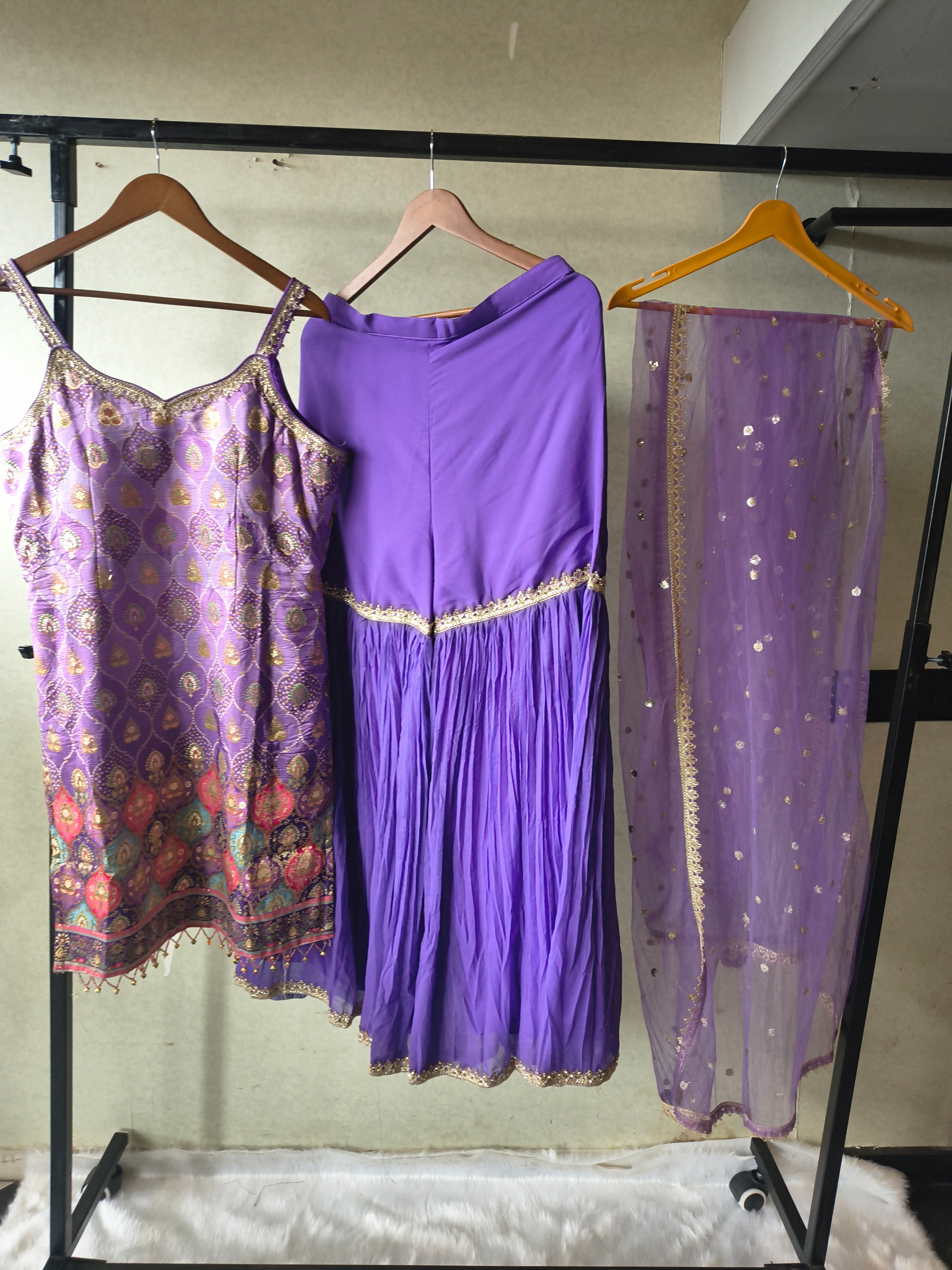 Image of Lavender Brocade Kurti Sharara Set with Sequinned Dupatta – Premium 3 Piece Festive Ensemble