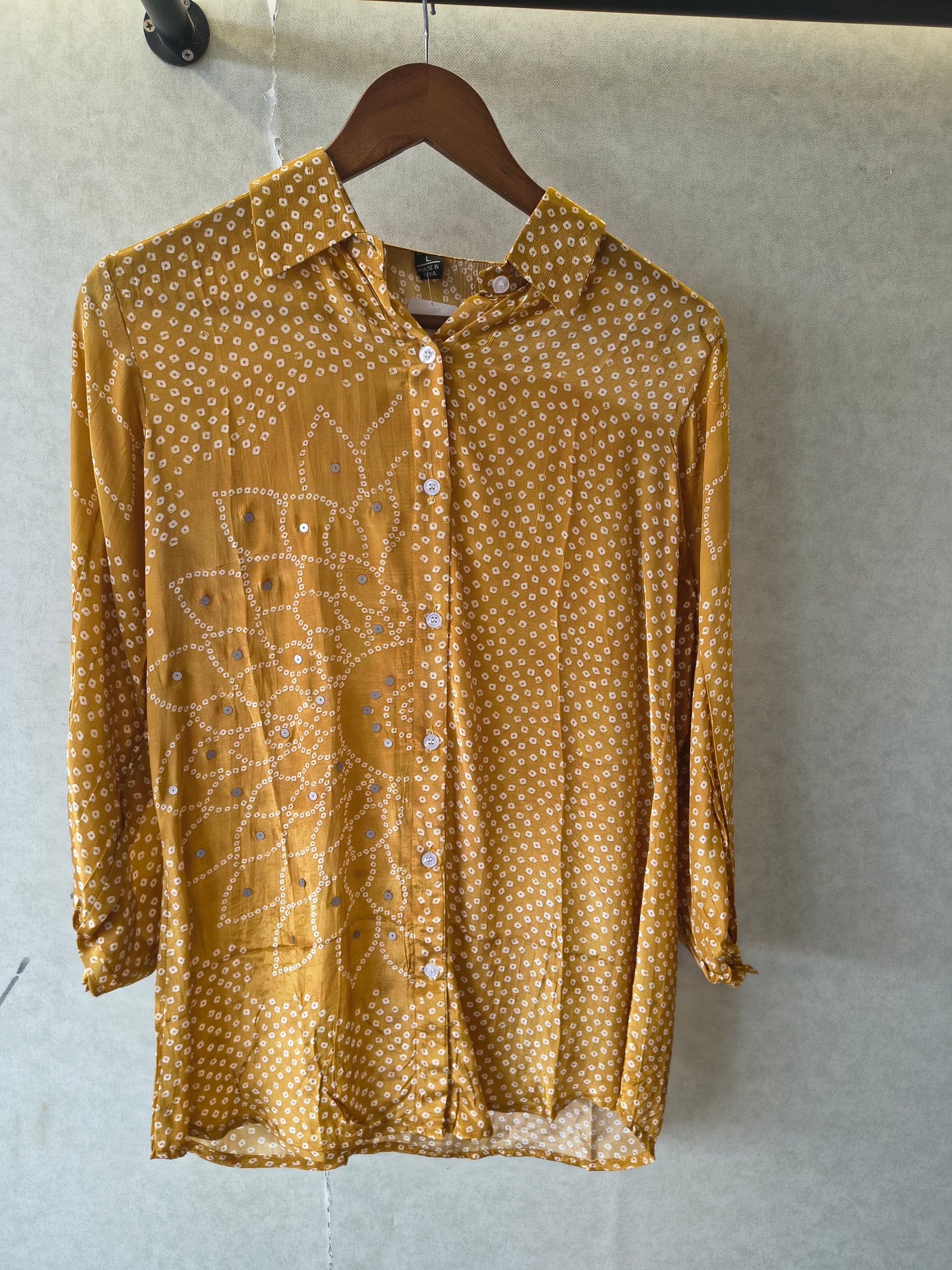 Mustard Bandhani Floral Mirror Work Shirt Style Tunic