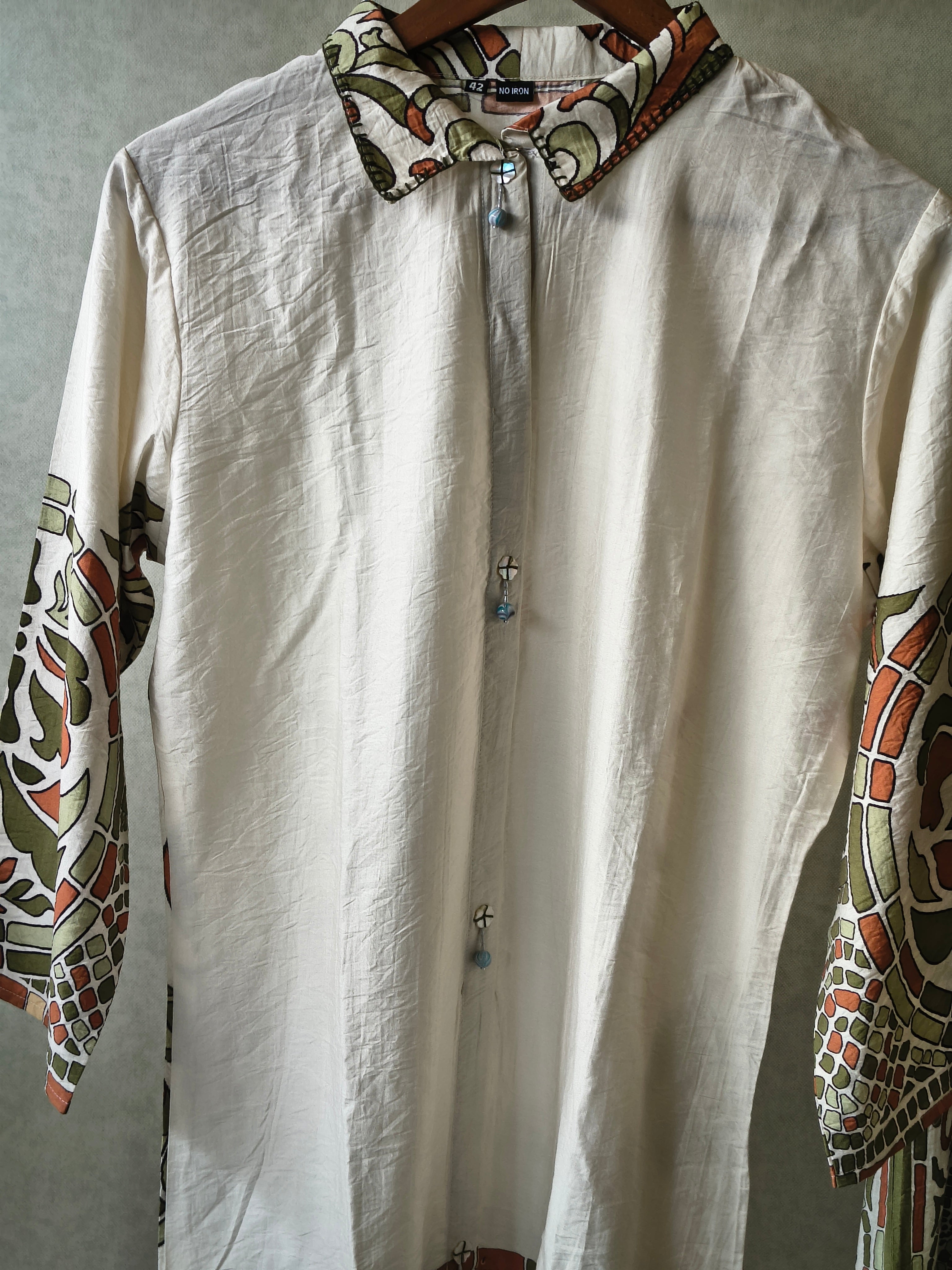 Image of Premium Ivory Printed Cotton Kurta with Olive Pants & Printed Dupatta Set