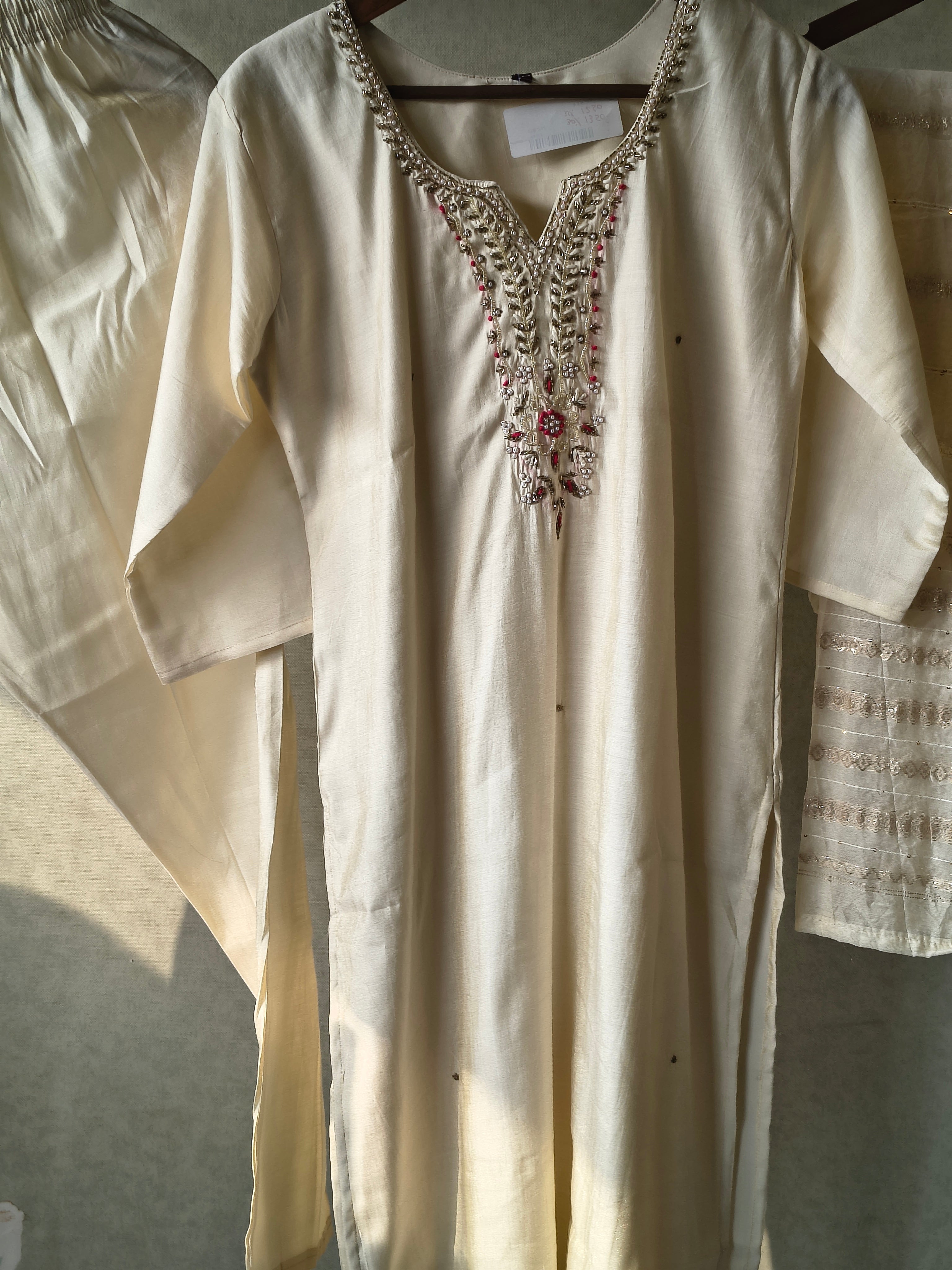 Image of Premium Ivory Hand-Embroidered Straight Kurta with Cotton Pants & Woven Dupatta Set