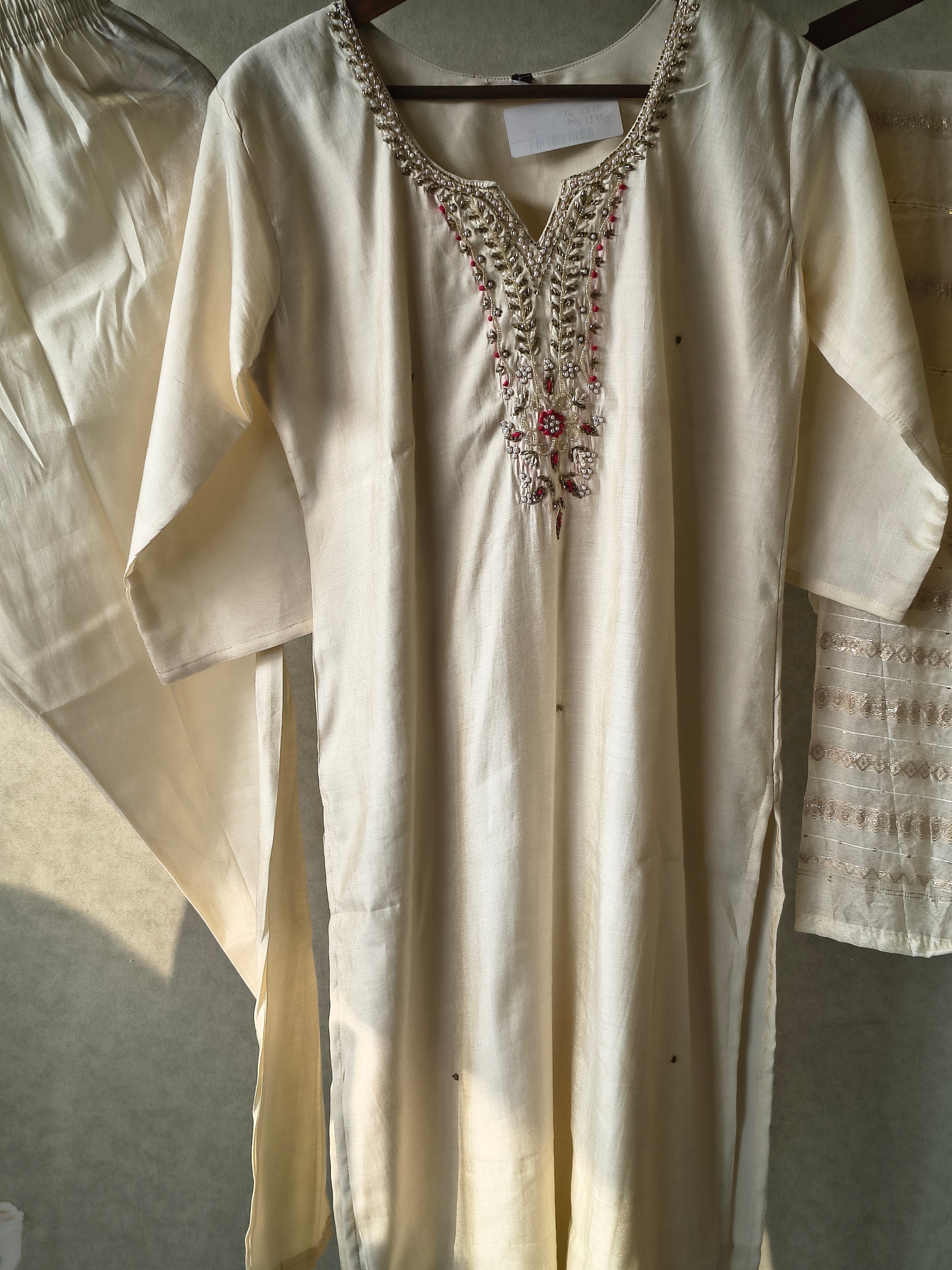 Premium Ivory Hand-Embroidered Straight Kurta with Cotton Pants & Woven Dupatta Set