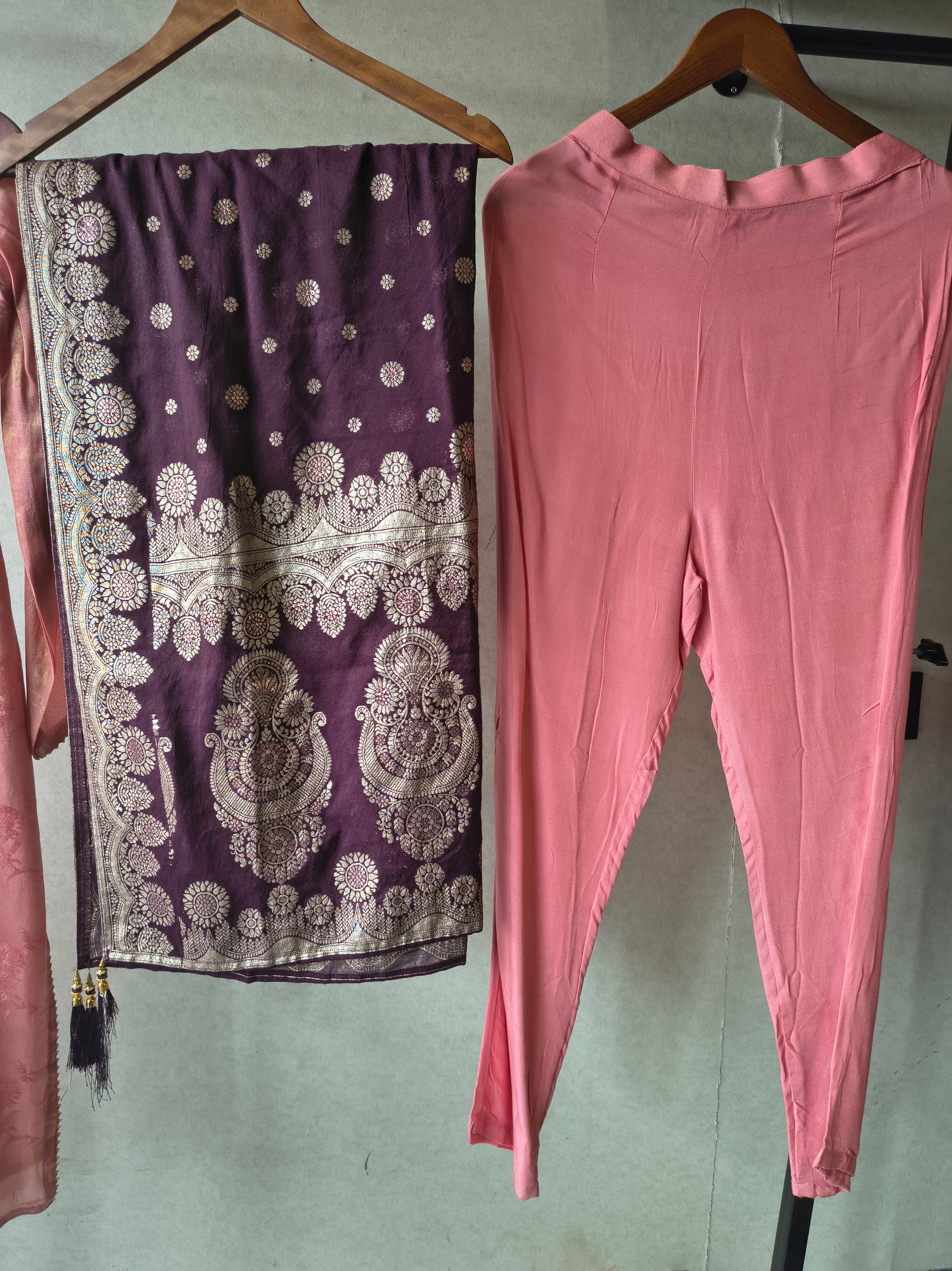 Premium Dusty Rose Jacquard Silk Kurta Set with Banarasi Woven Dupatta & Straight Pants