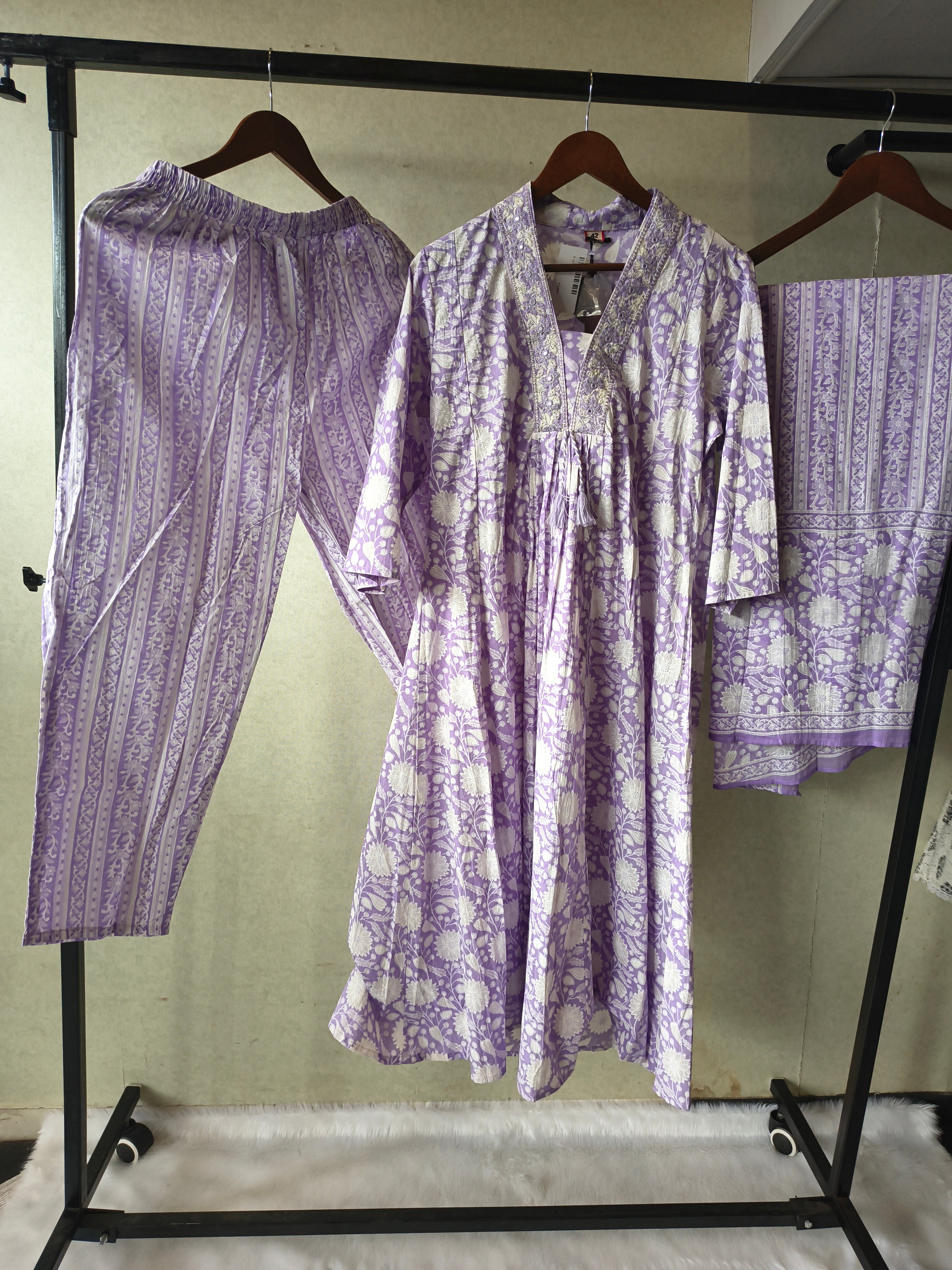Image of Premium Lavender Floral Printed Cotton Anarkali Kurta Set with Striped Pants & Printed Dupatta