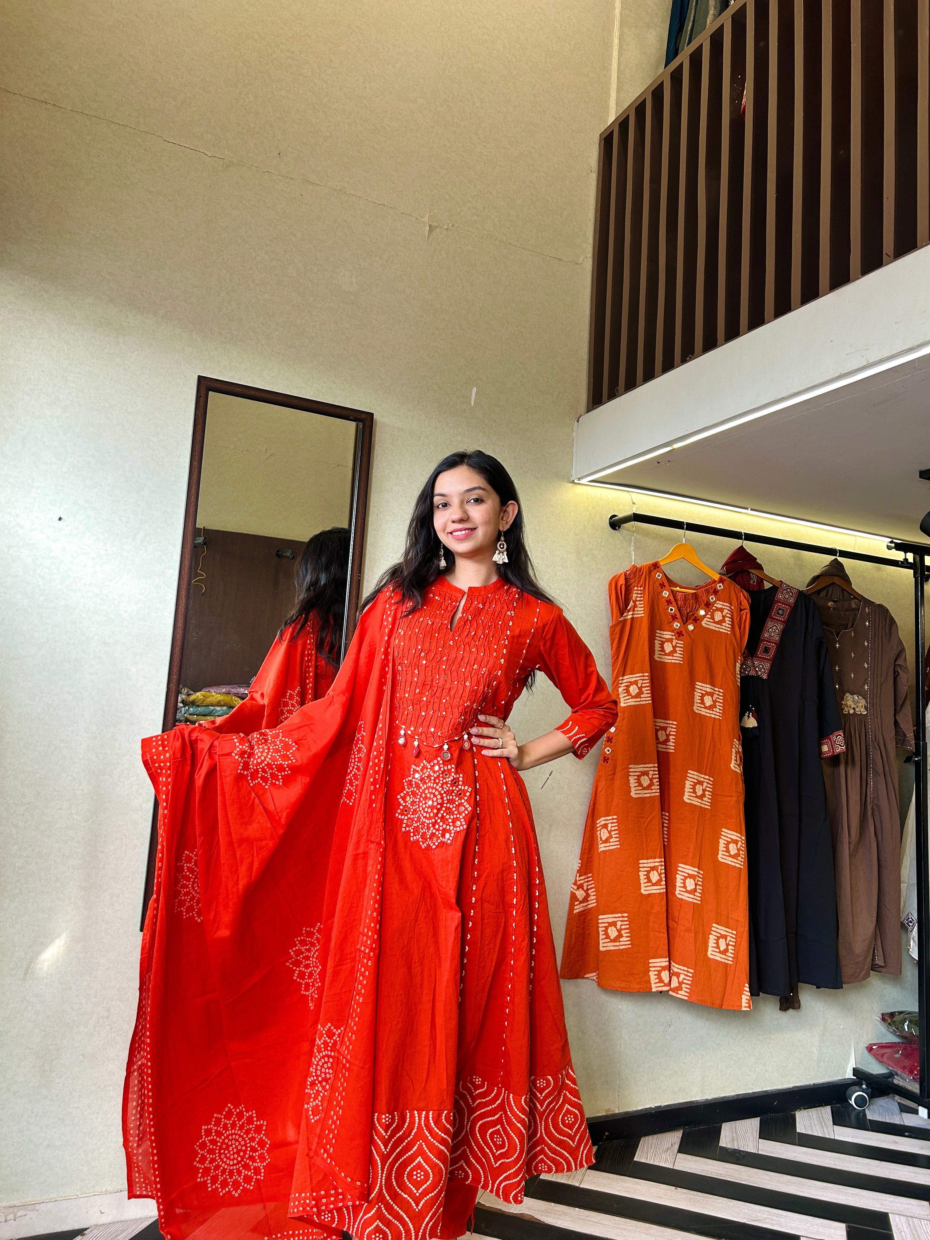 Image of Pure Mull Cotton Bandhani 3 Piece Anarkali Set