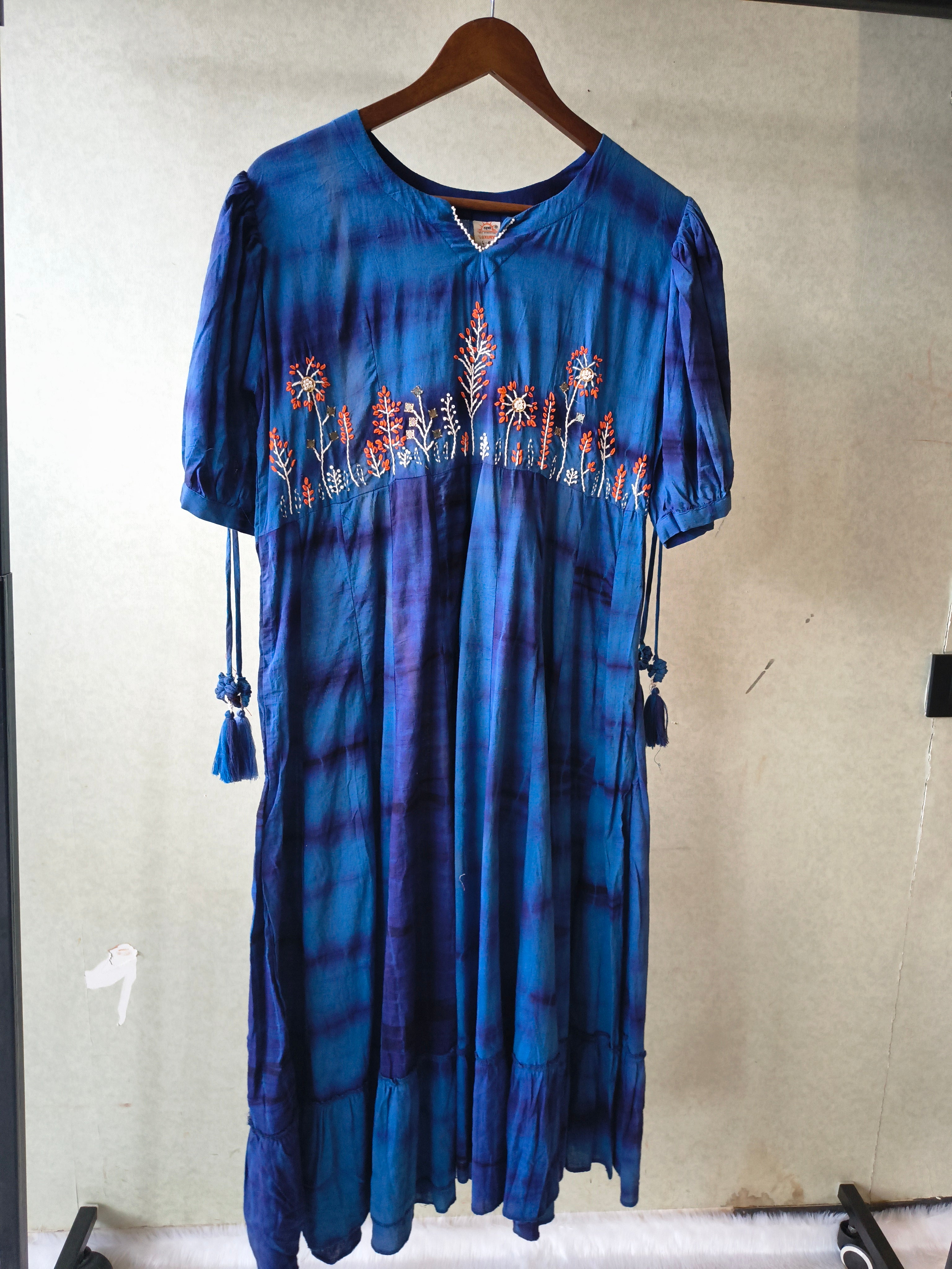 Image of Premium Indigo Tie-Dye Embroidered Cotton Flared Dress