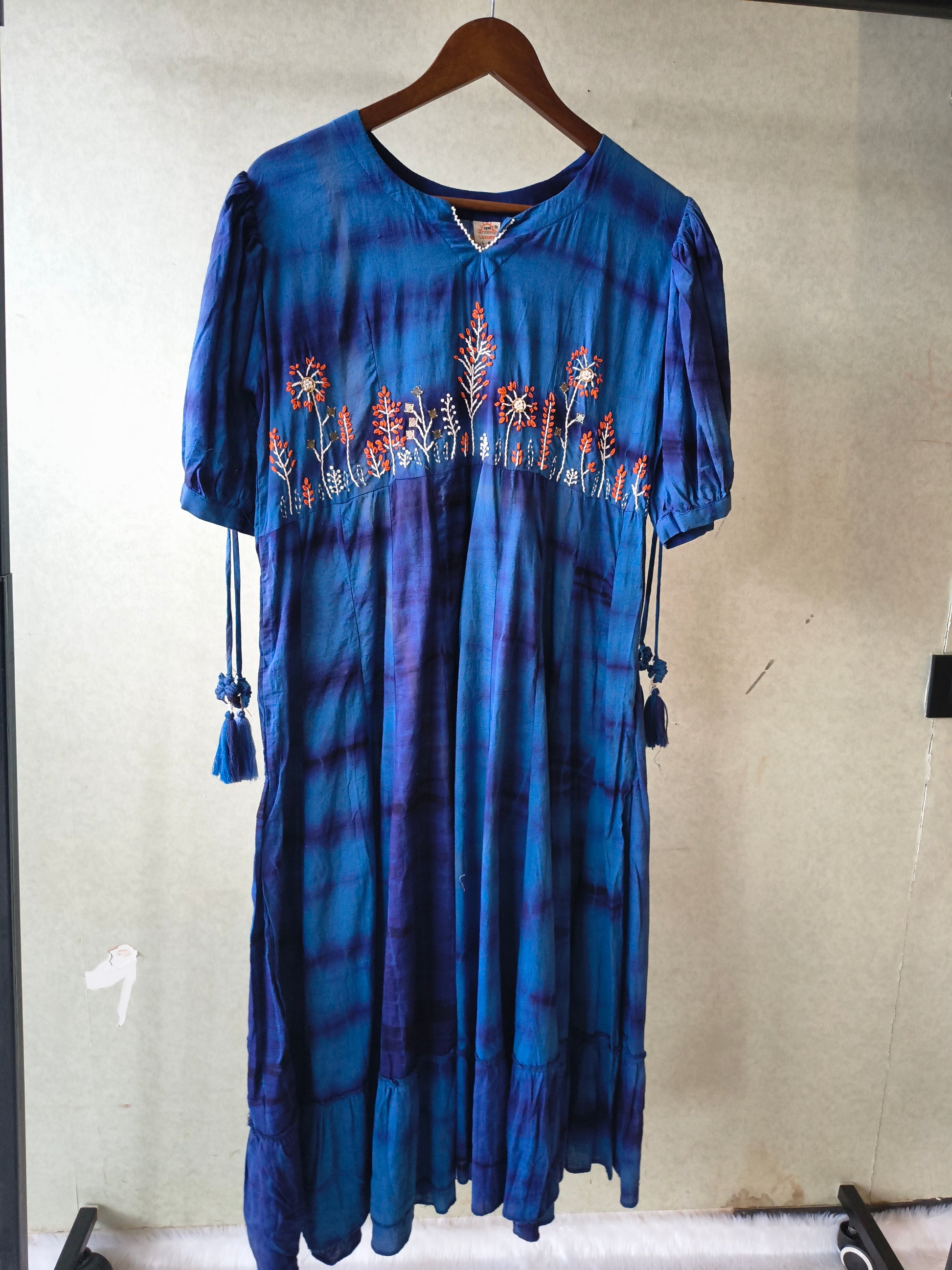 Premium Indigo Tie-Dye Embroidered Cotton Flared Dress