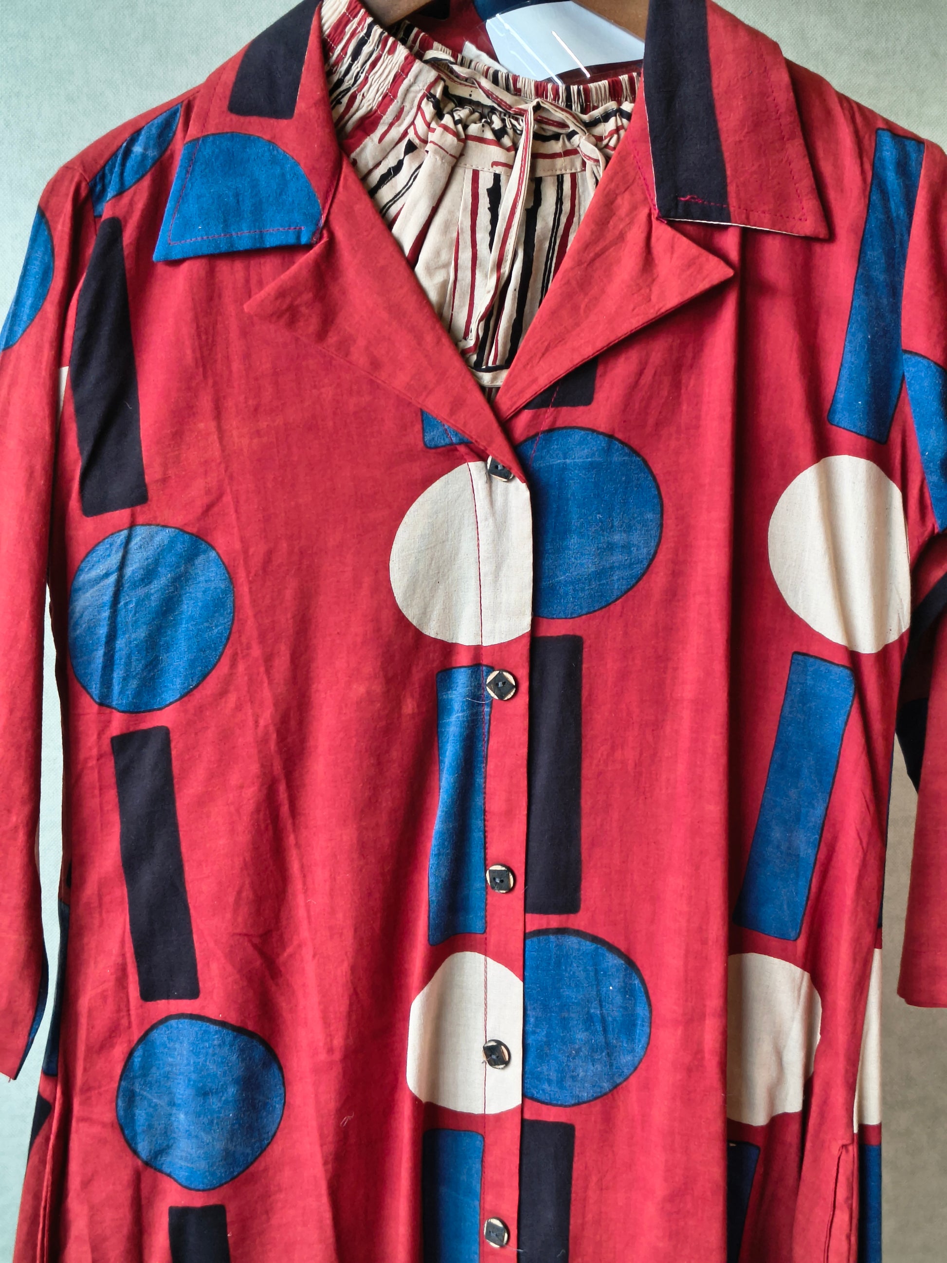 Premium Rust Red Abstract Printed Shirt Kurta with Striped Relaxed Pants Co-Ord Set