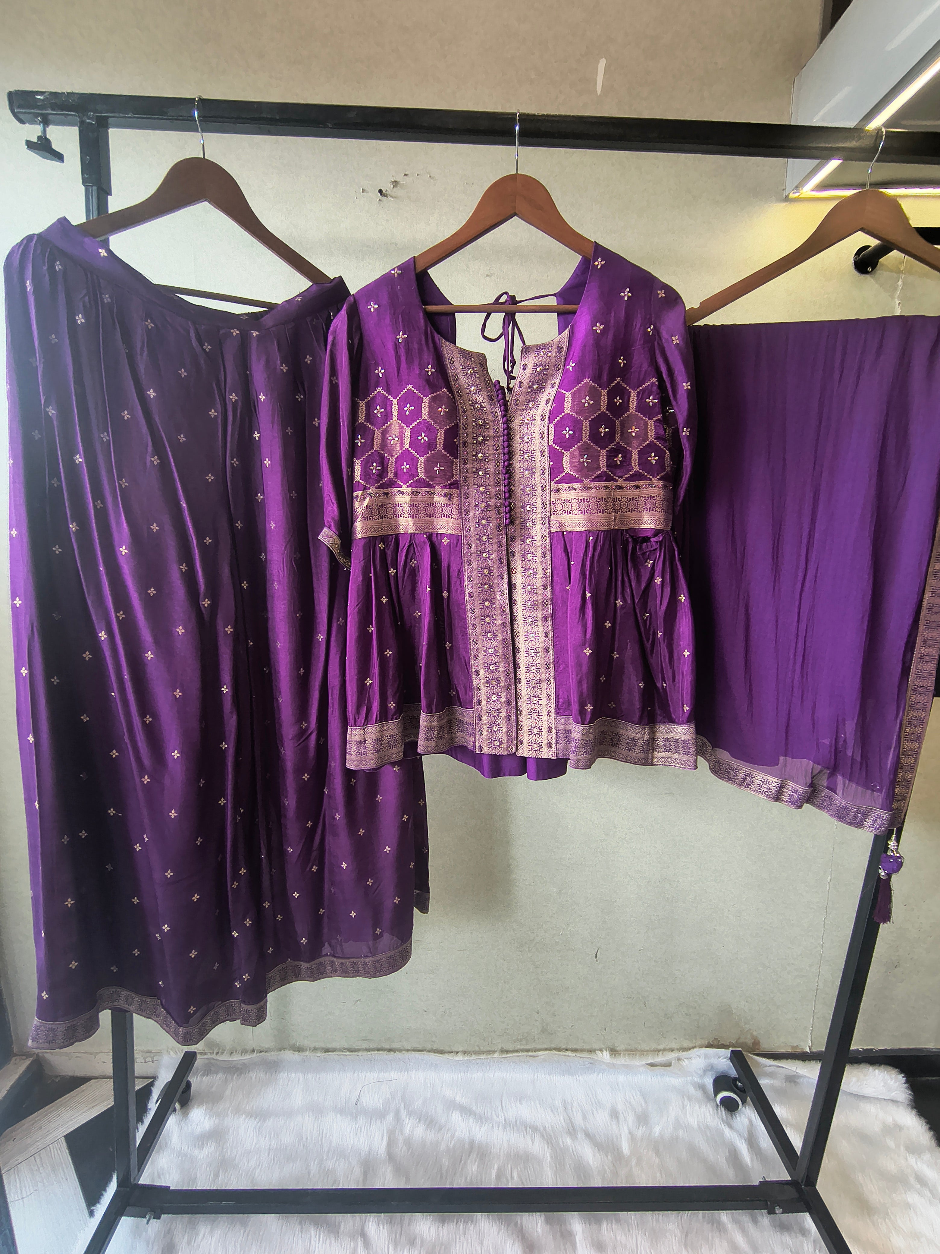 Image of Royal Purple Tissue Silk Embroidered Peplum Jacket with Flared Palazzo & Designer Dupatta – 3 Piece Festive Indo-Western Set