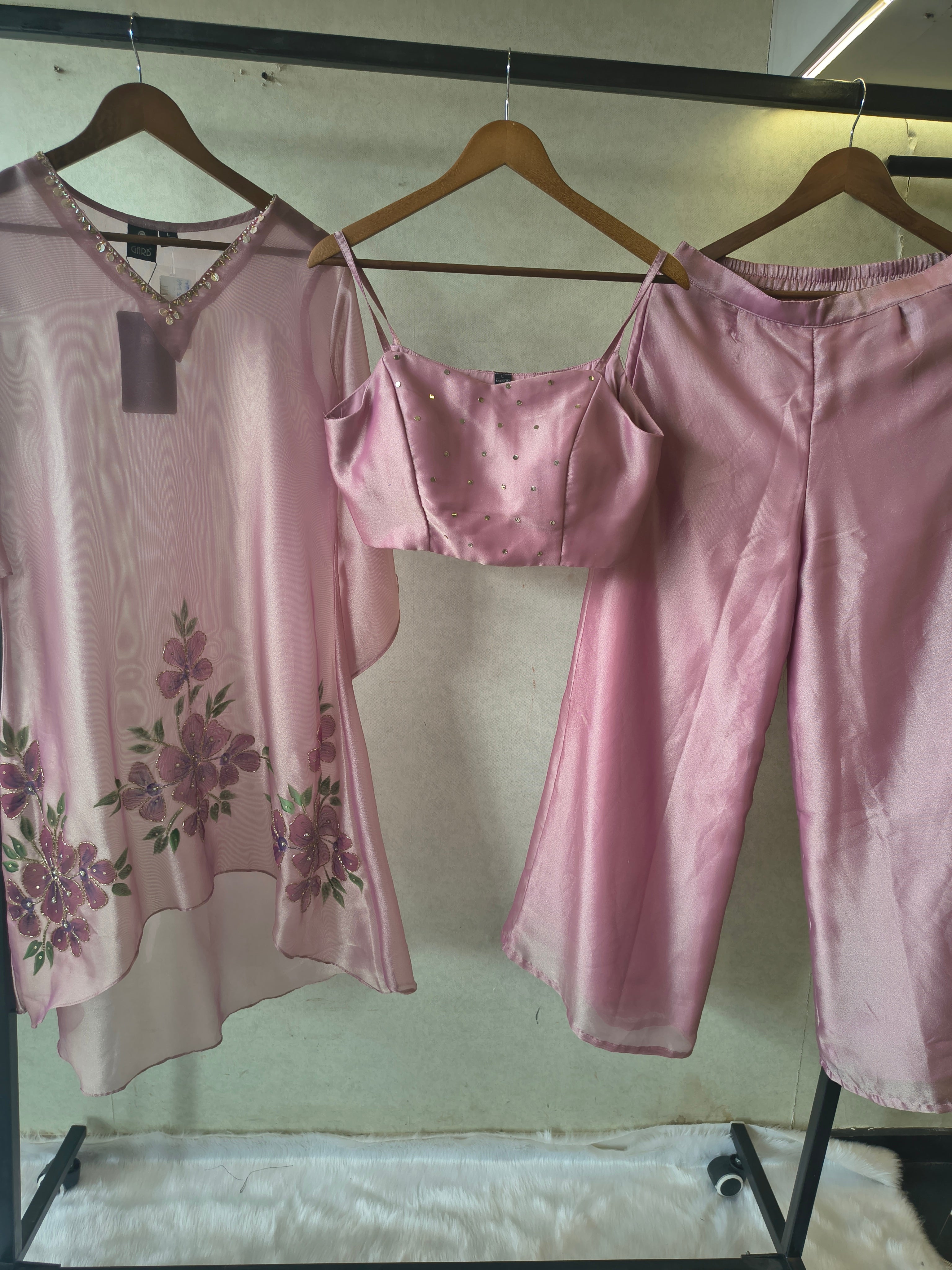 Image of Blush Pink Floral Embroidered Kaftan Co-ord Set with Hand-Painted Cape, Embellished Blouse & Palazzo