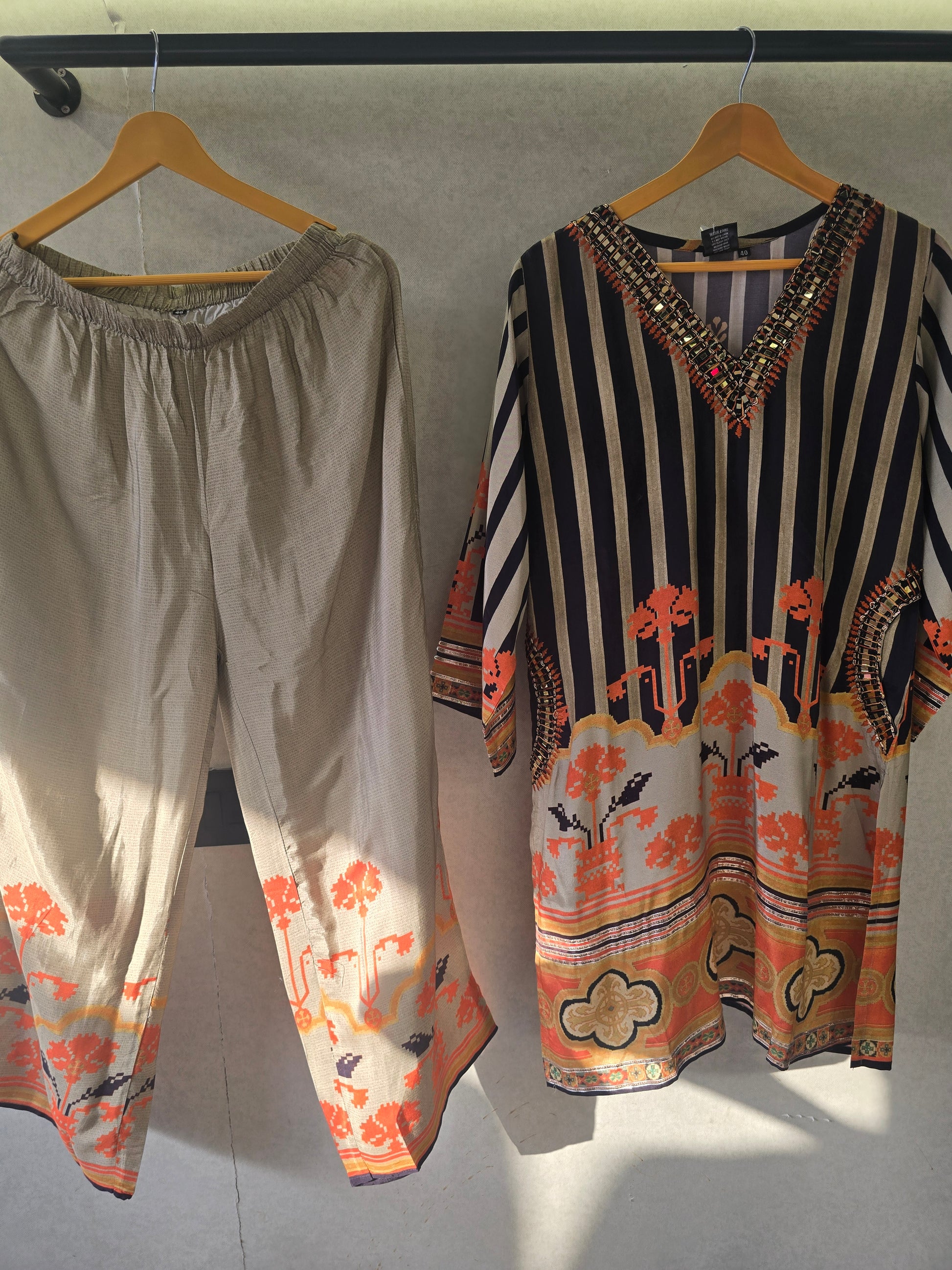 Navy Stripe Mirror Work Kaftan Co-Ord Set