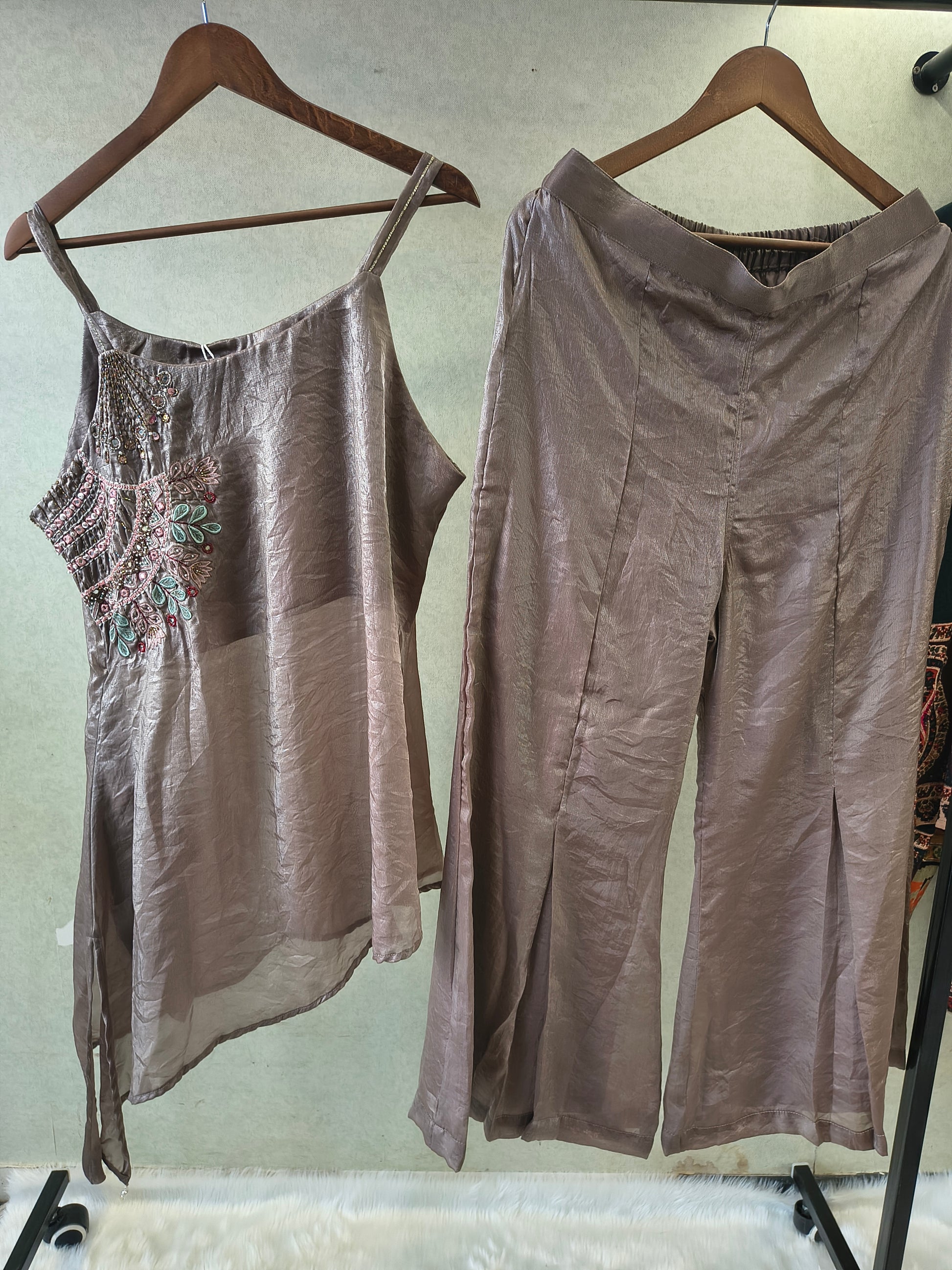 Steel Grey Asymmetrical Embroidered Indo-Western Kurta Set with Straight Pants & Dupatta – 3 Piece Designer Co-Ord Set