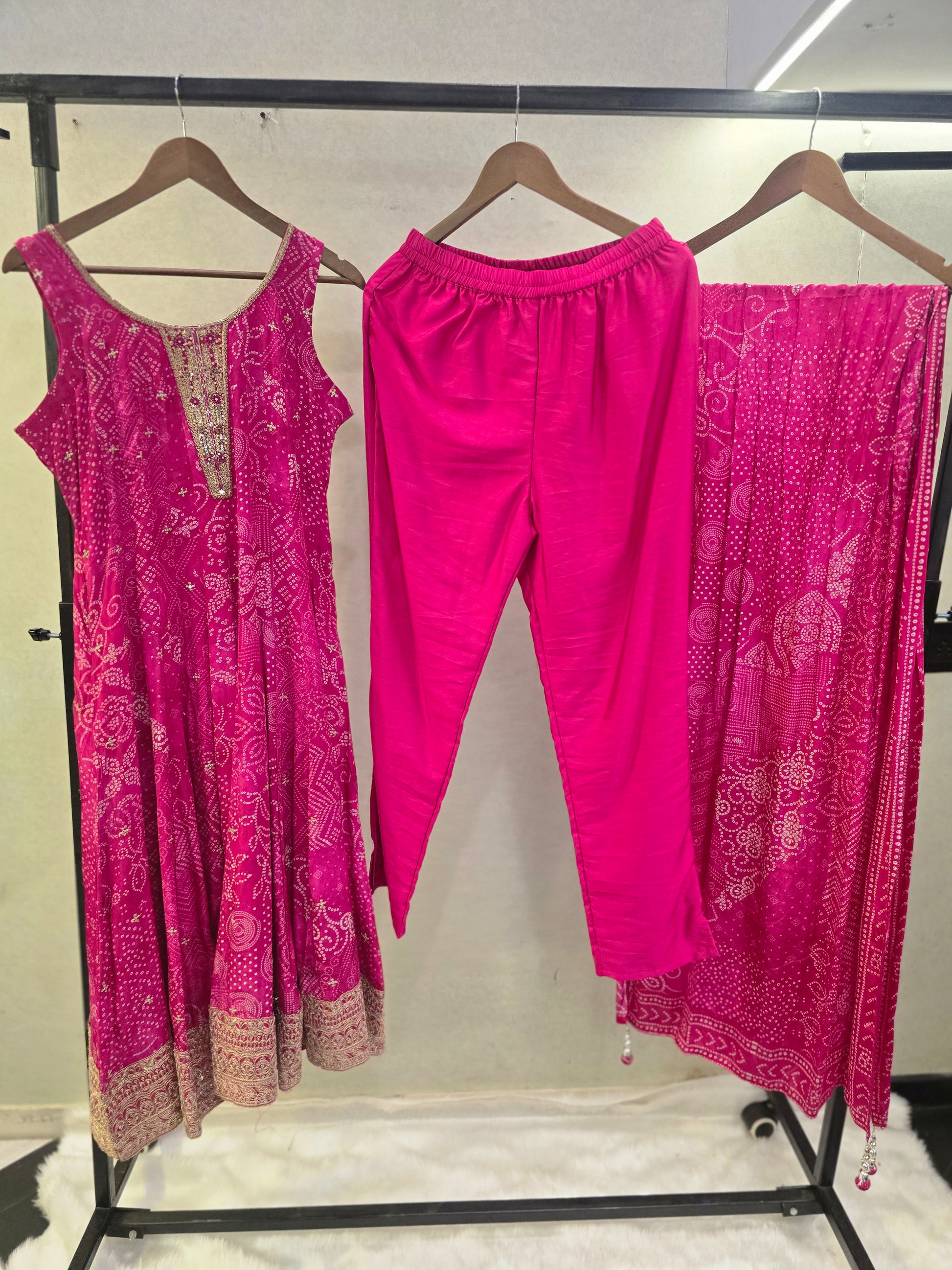 Rani Pink Bandhani Print Sleeveless Anarkali Kurta Set with Printed Dupatta | Premium 3 Piece Ethnic Suit