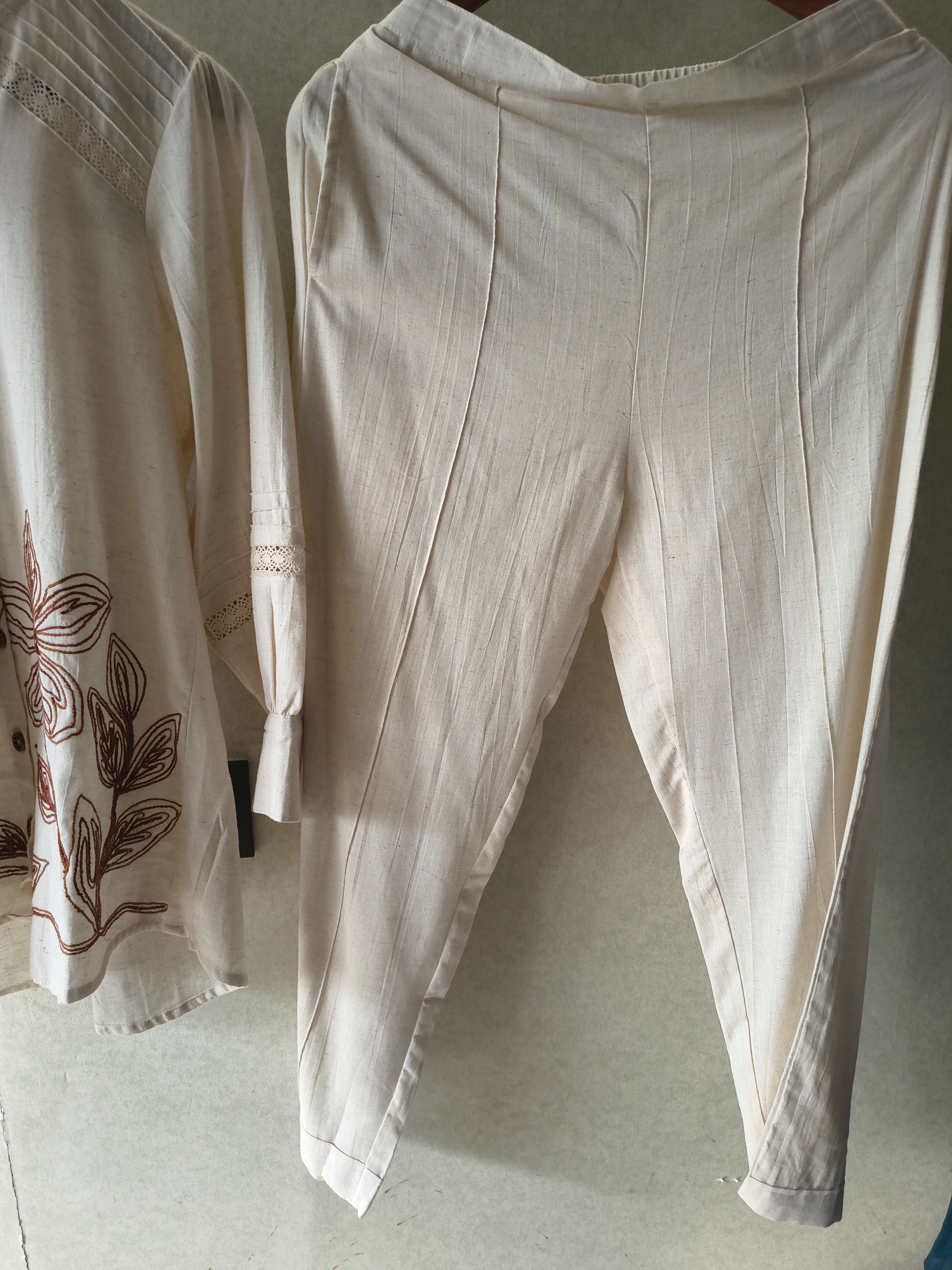 Image of Ivory Botanical Embroidered Pintuck Designer Co-Ord Set