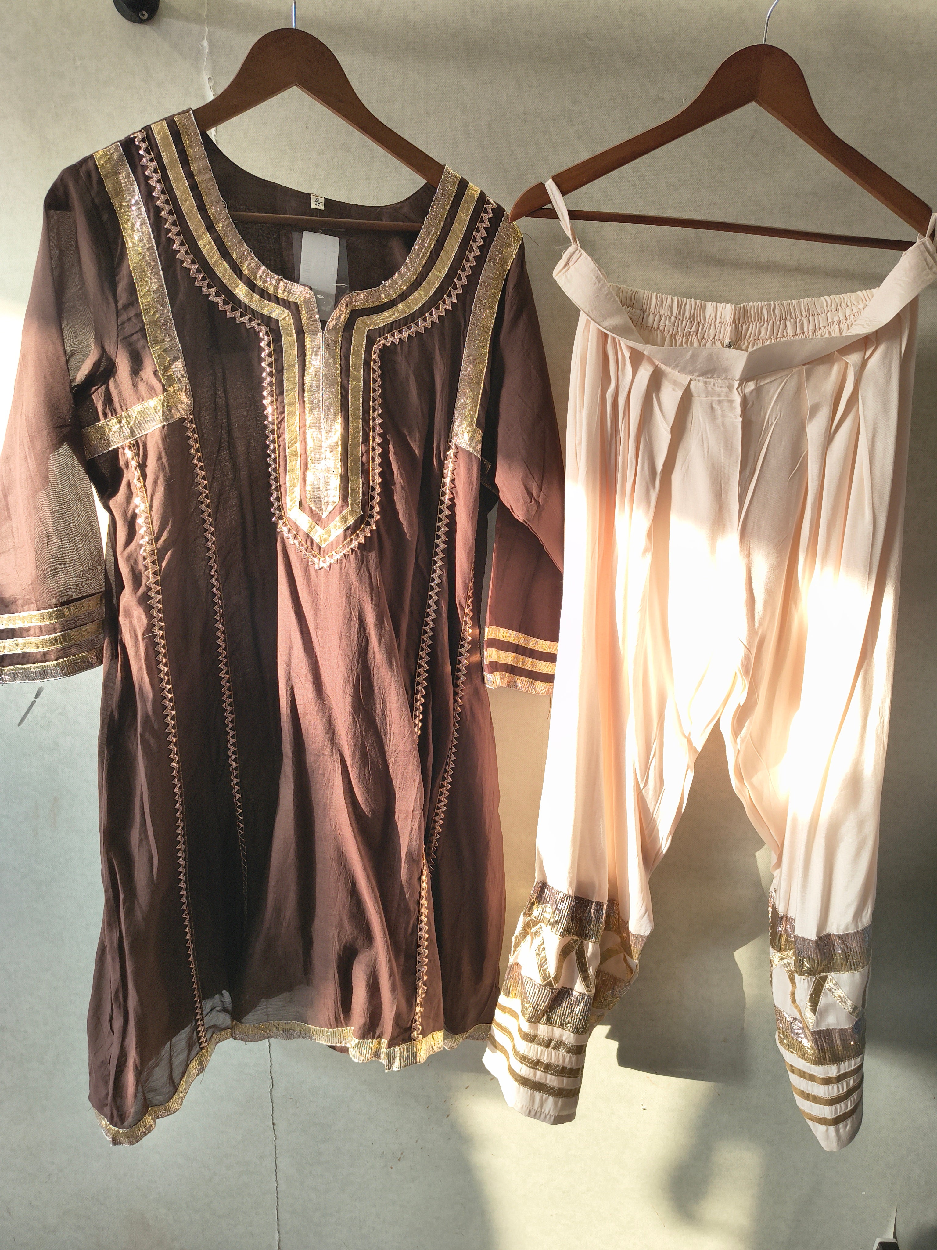 Image of Chocolate Brown Gota Patti Designer Kurta Set with Embellished Dhoti Pants