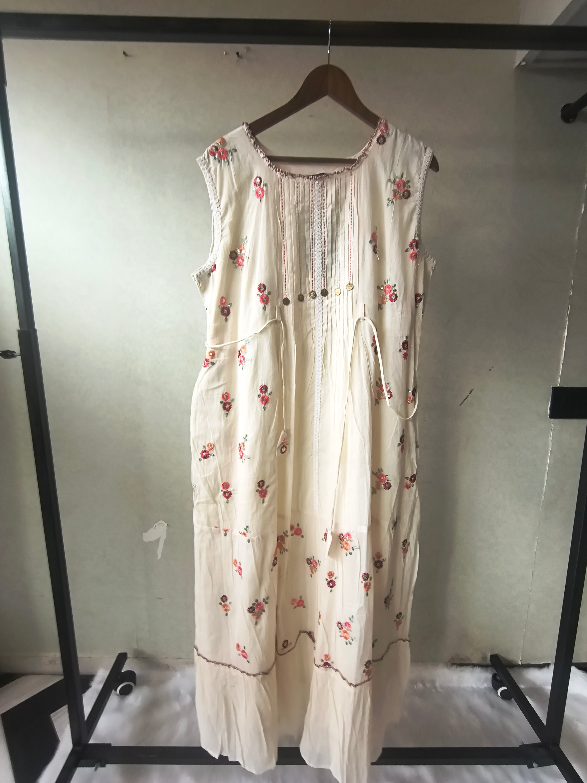 Premium Ivory Floral Embroidered Sleeveless Tiered Maxi Dress with Pintuck Detailing