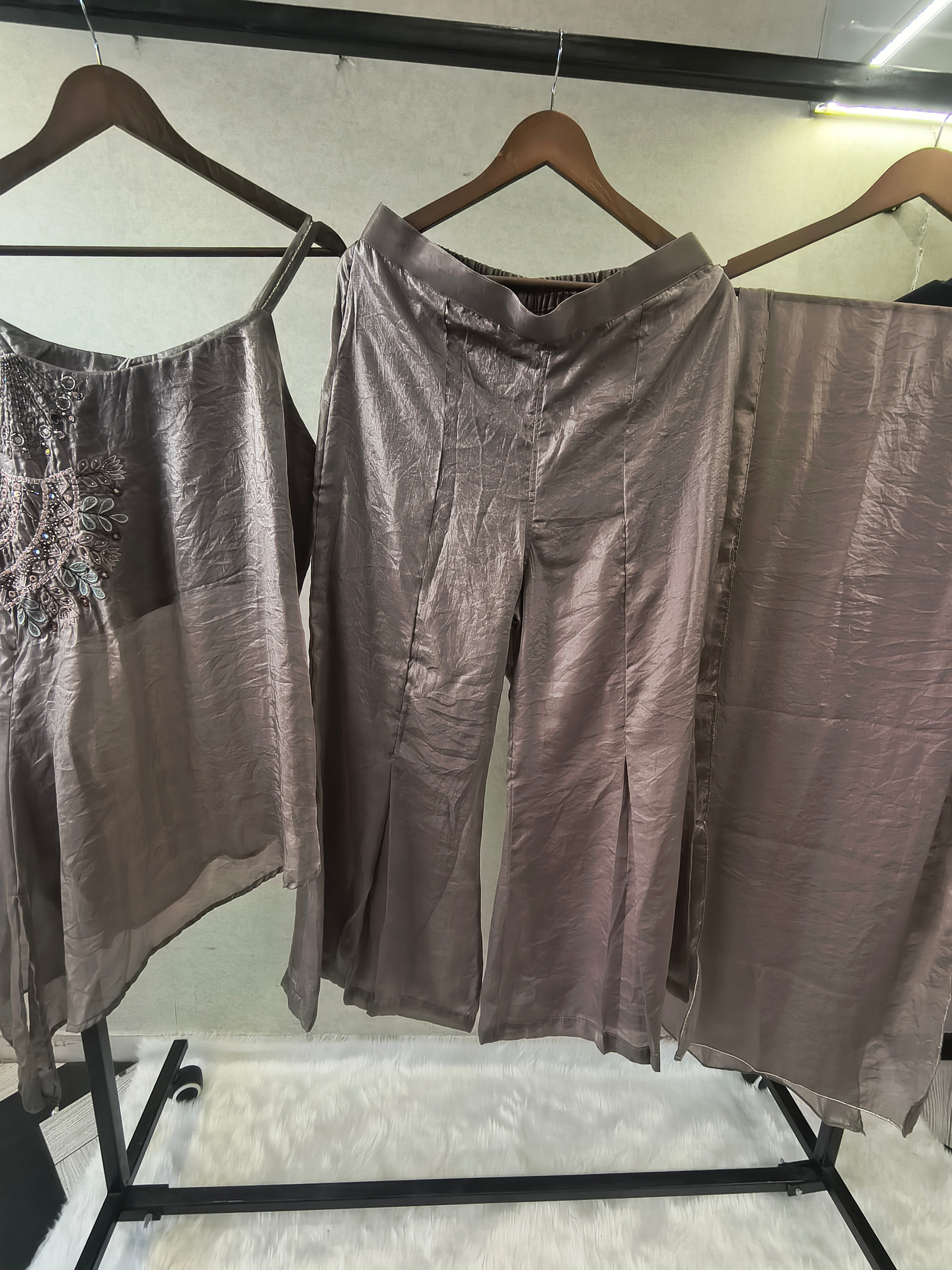 Image of Steel Grey Asymmetrical Embroidered Indo-Western Kurta Set with Straight Pants & Dupatta – 3 Piece Designer Co-Ord Set